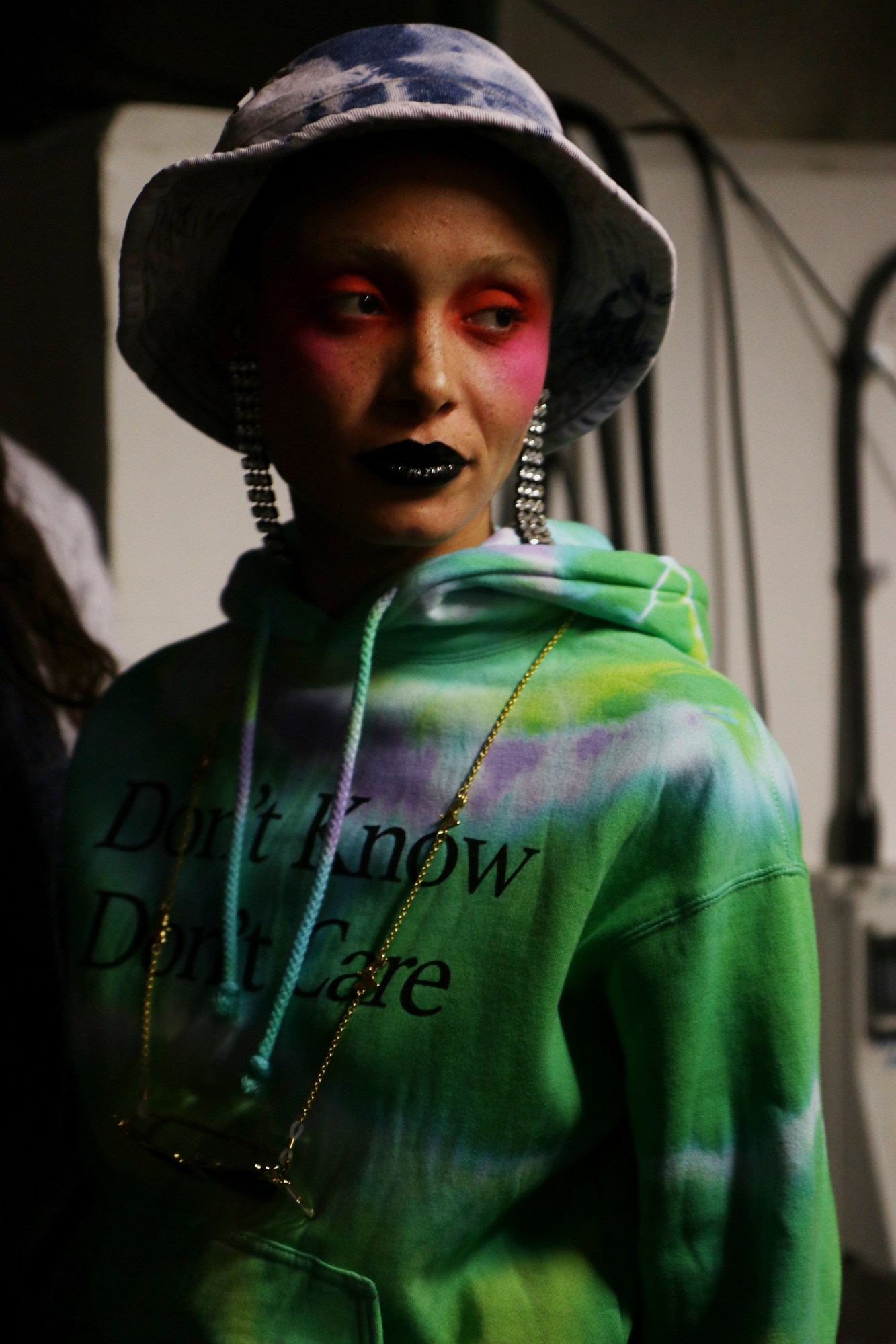 Green tie dye hoody and tie dye hat at London Fashion Week