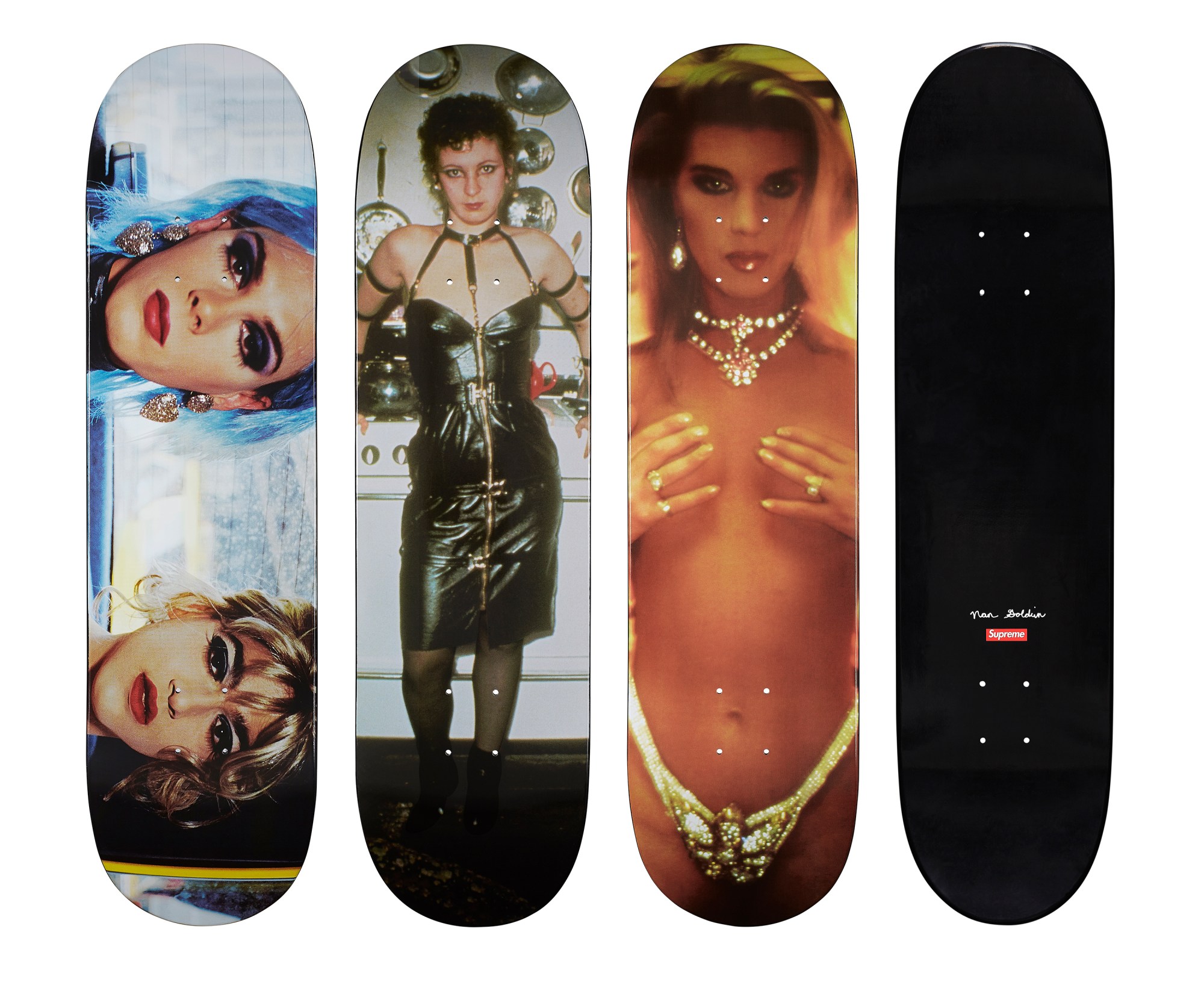 Nan Goldin skateboards for Supreme featuring Kim in Rhinestones