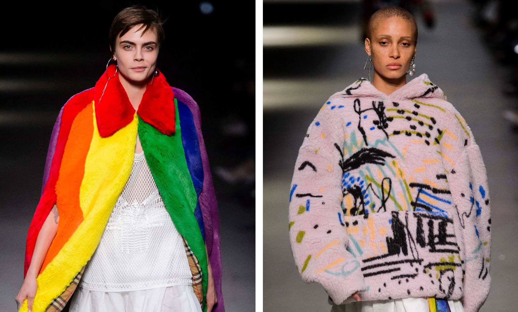 Cara Delevingne in rainbow flag on Burberry catwalk