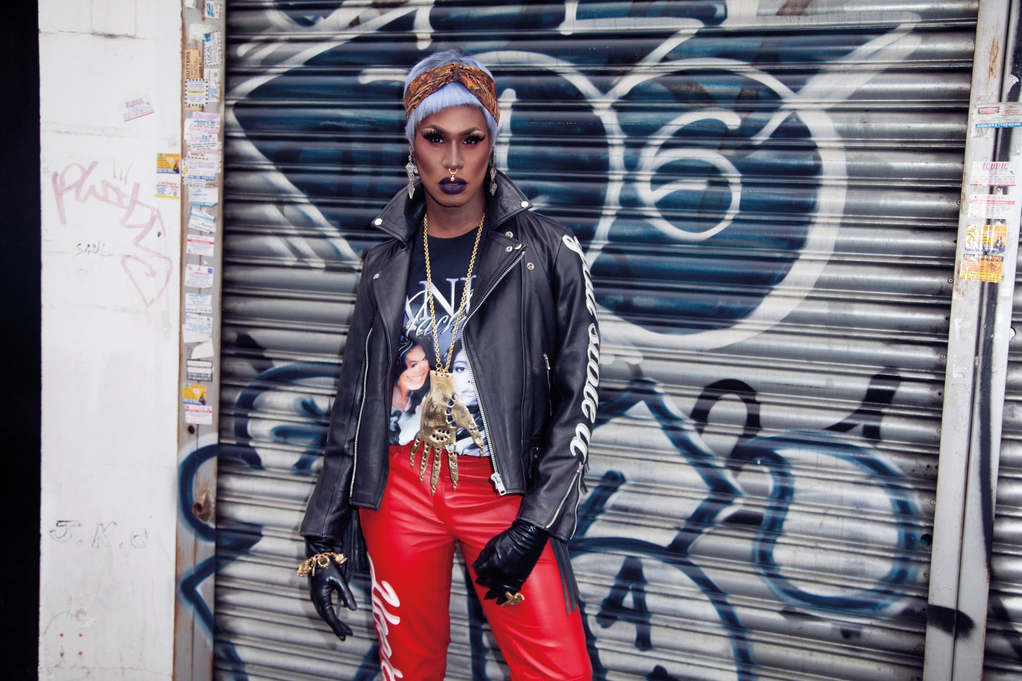 rock and roll drag queen in leather jacket