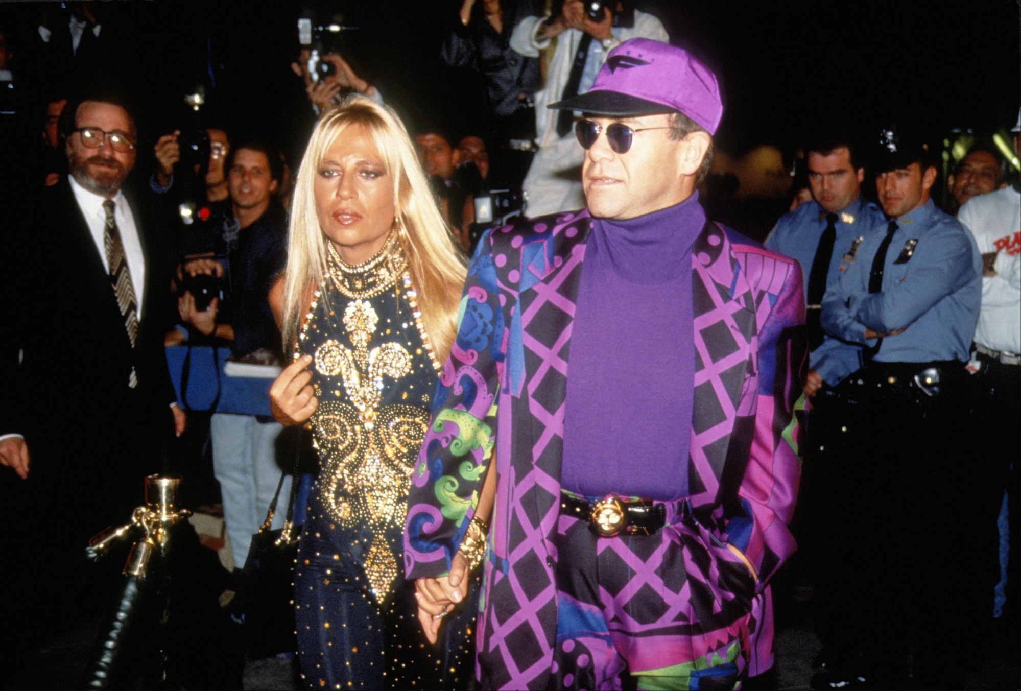 Donatella Versace and Elton John. Photo by Sonia Moskowitz/Images/Getty Images