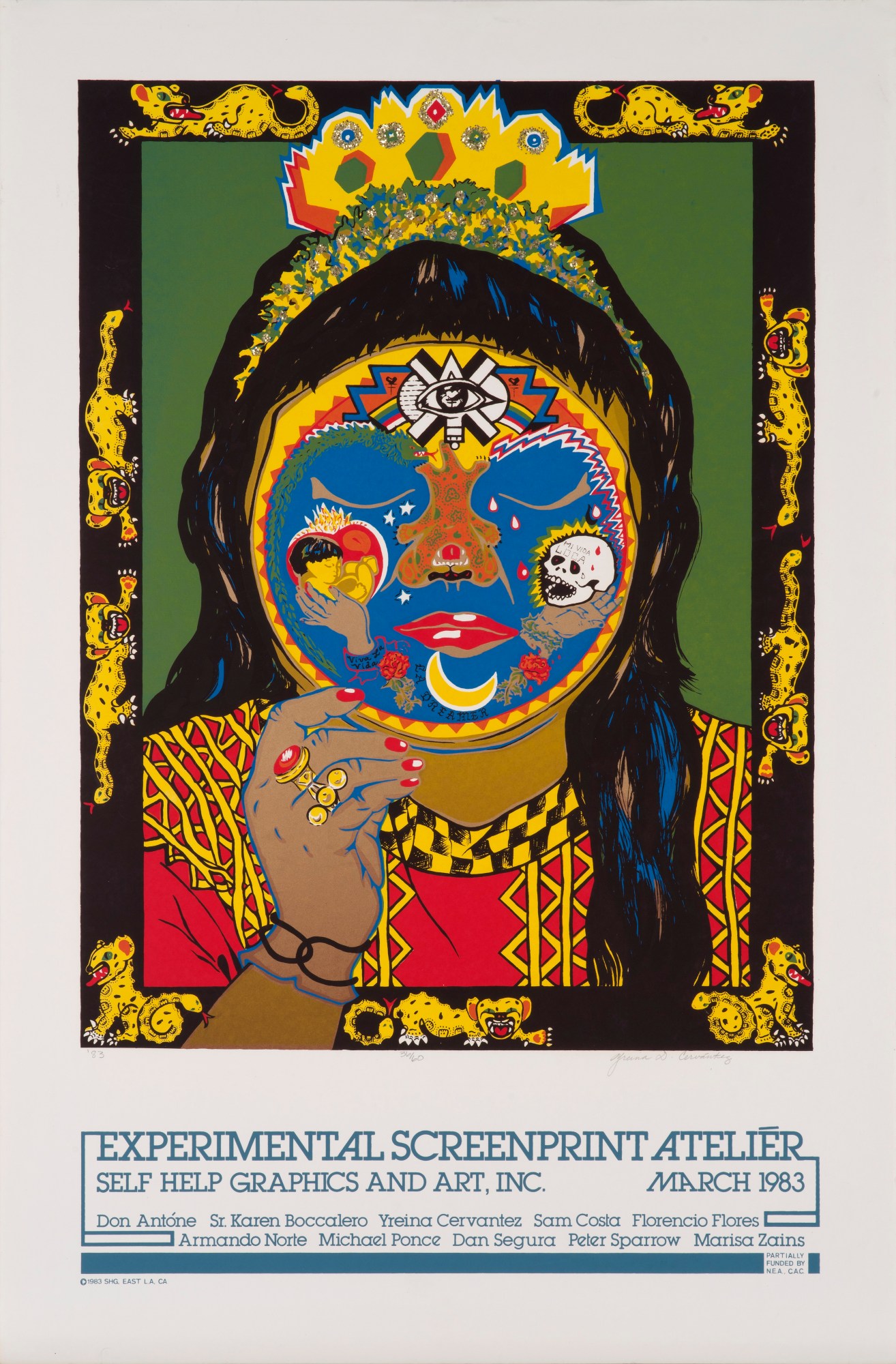 Yreina D. Cervántez, Danza Ocelotl, 1983, screenprint with glitter, 35 1/6 x 23 1/16 in., Blanton Museum of Art, The University of Texas at Austin, Gift of Gilberto Cárdenas, 2017