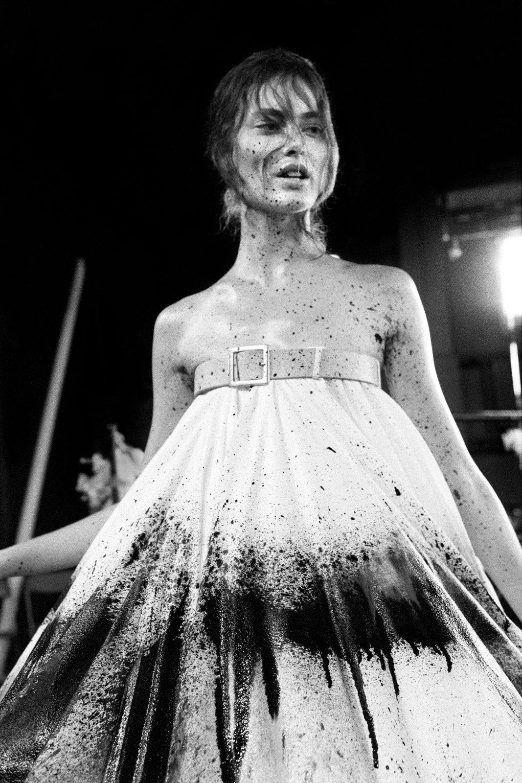 Model in paint-splattered Alexander McQueen dress