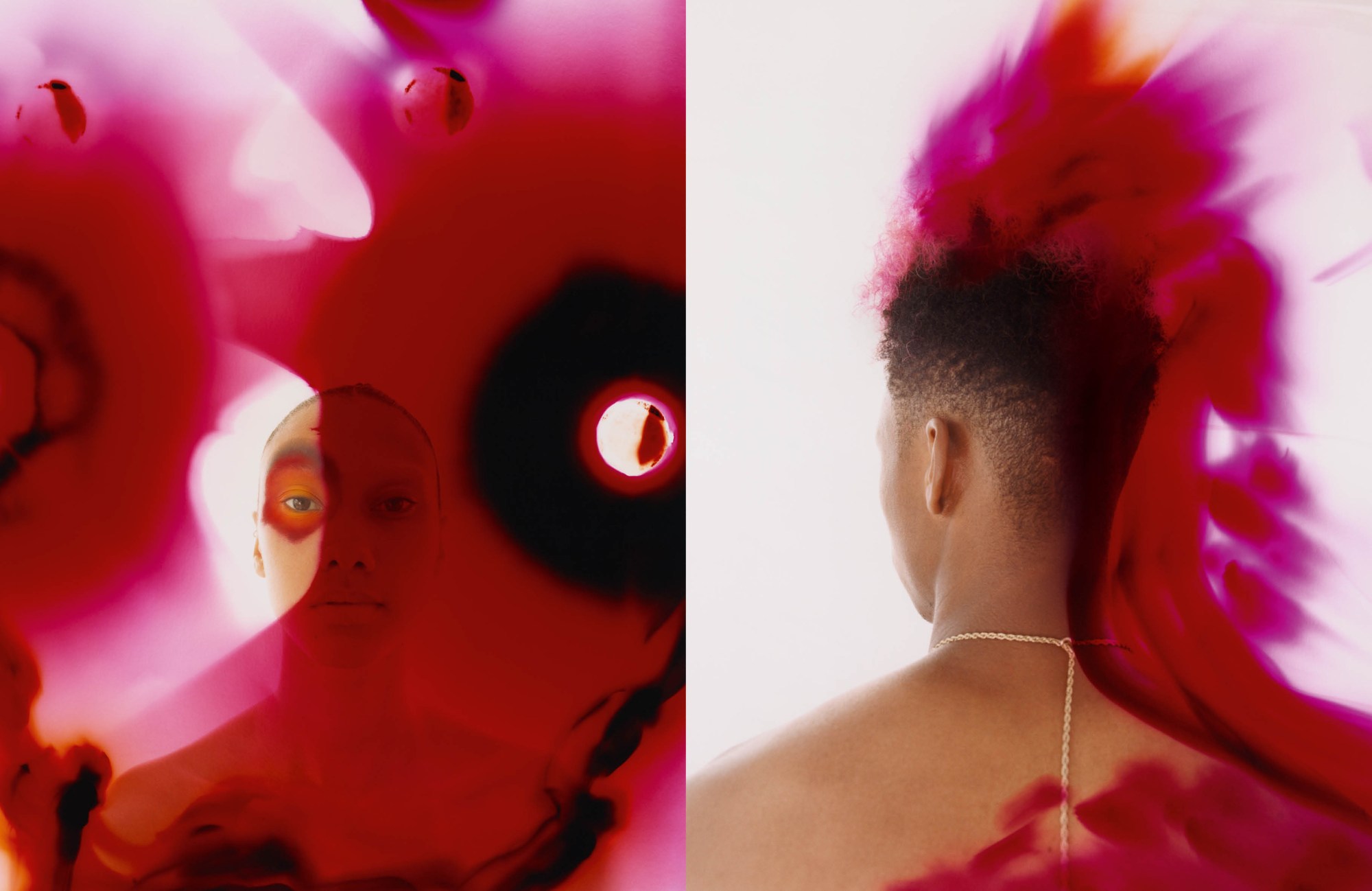 Diptych images of man covered with pink paint