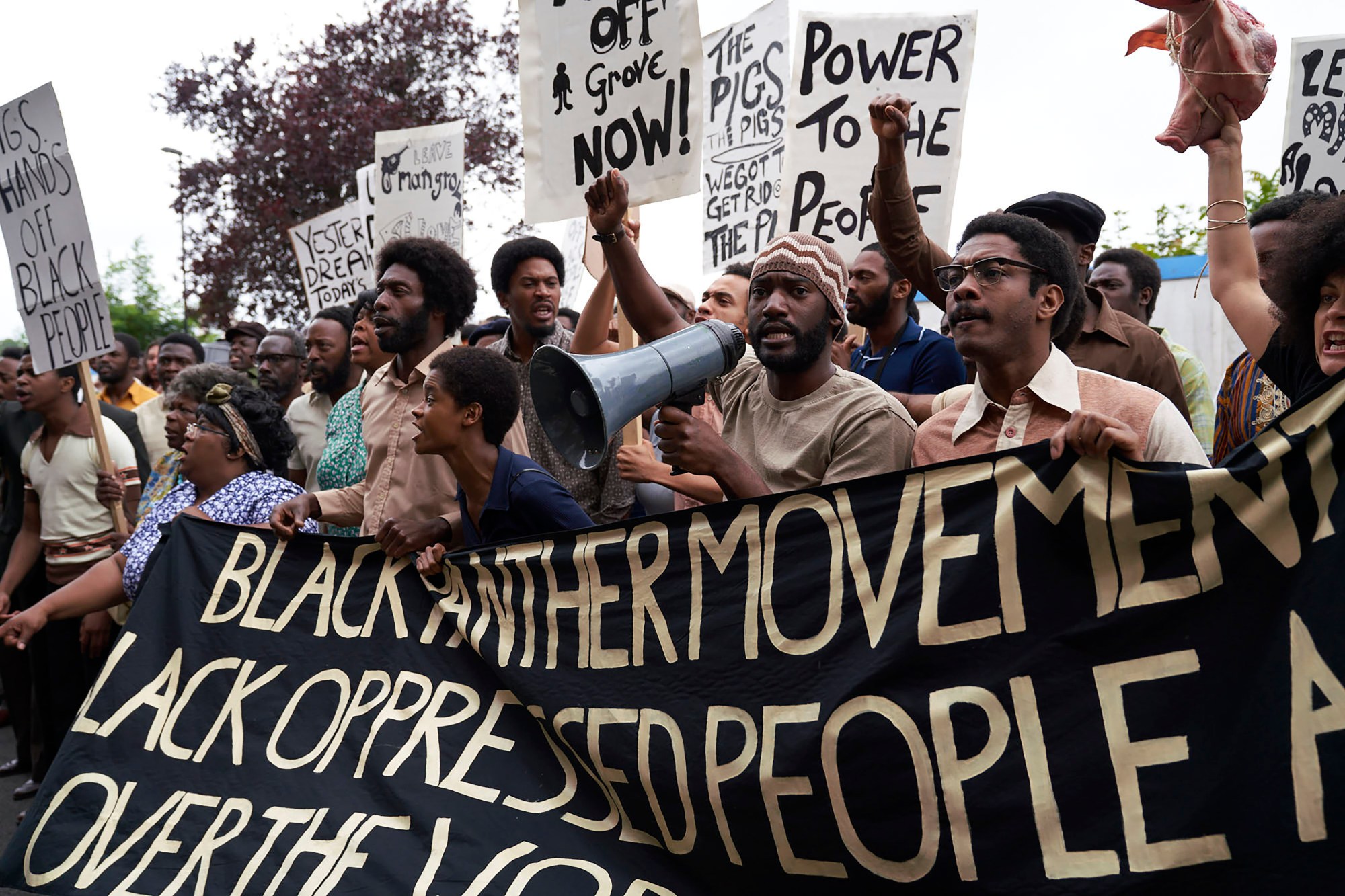 still of a protest scene from Steve McQueen's Small Axe