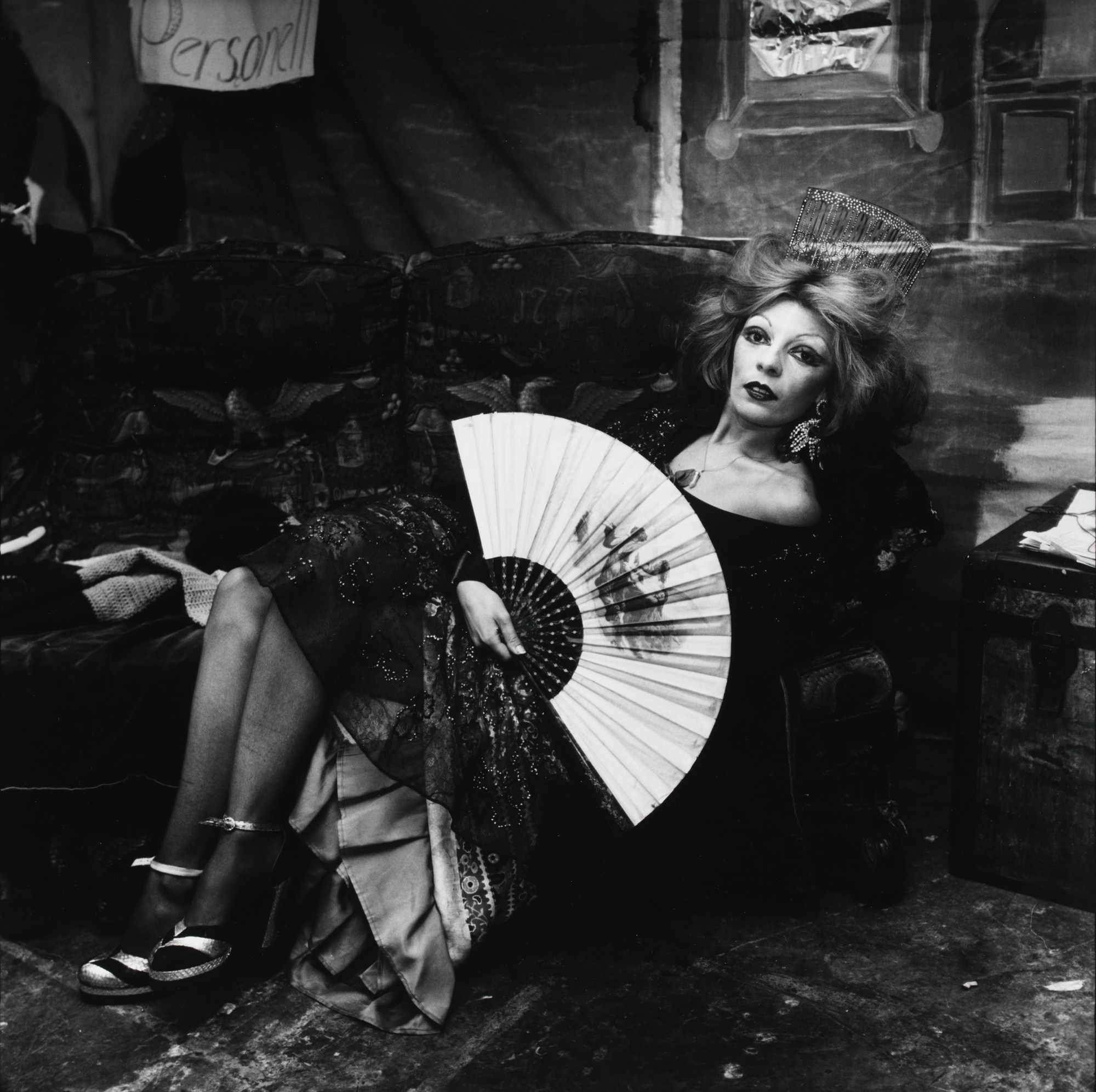 Drag Actress Backstage with Fan - Palm Casino Revue, 1974 © 1987 The Peter Hujar Archive LLC, courtesy The Peter Hujar Archive and Maureen Paley, London