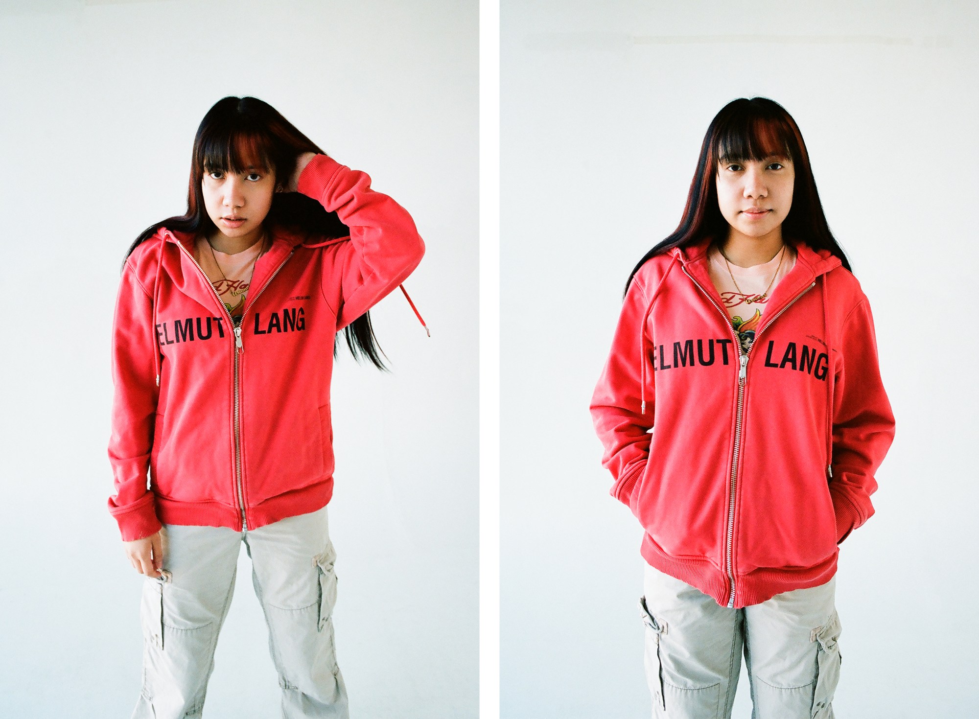 a girl in a pink helmut lang hoodie