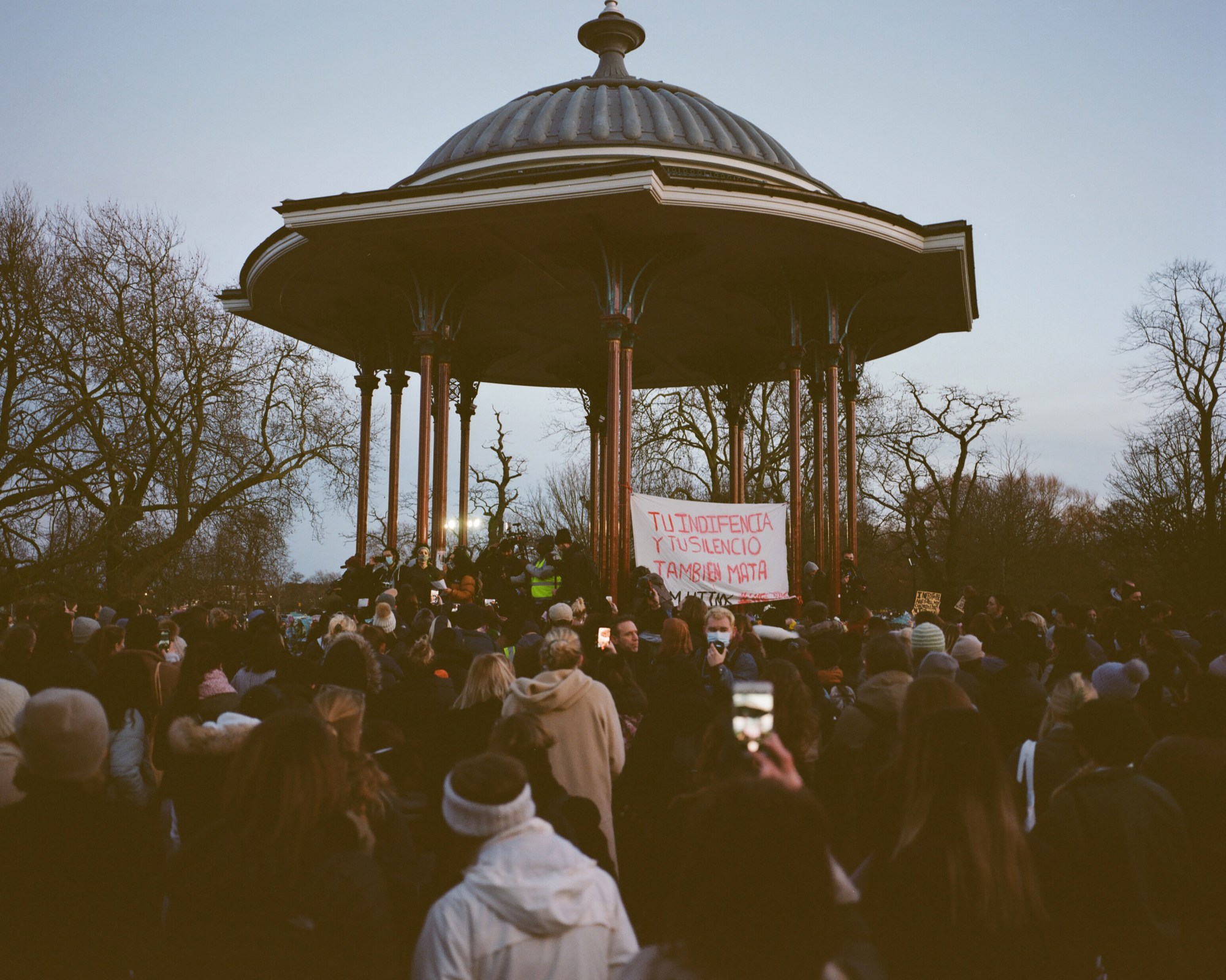 the crowd at a protest in london for sarah everard and male violence against women