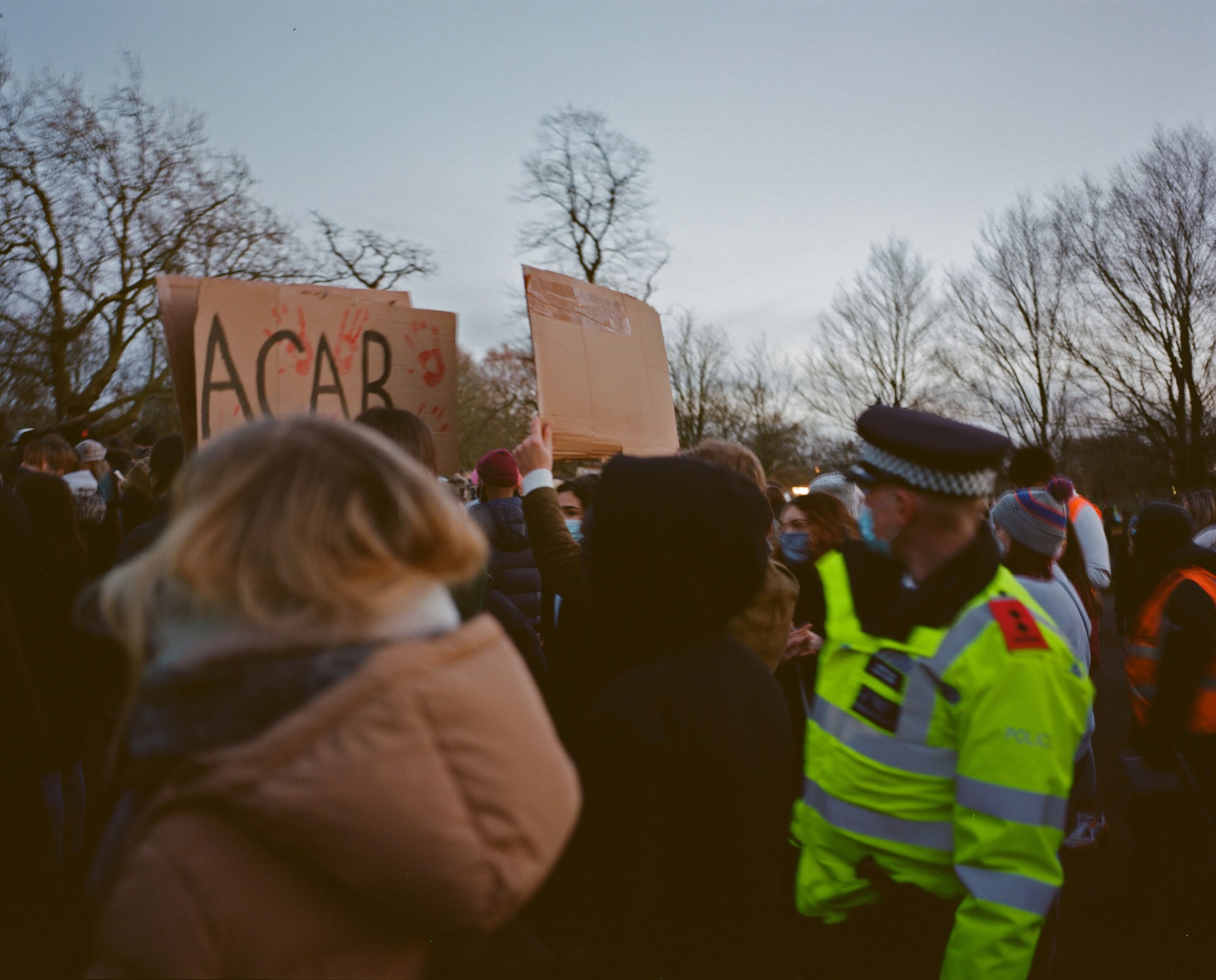 the crowd at a protest in london for sarah everard and male violence against women