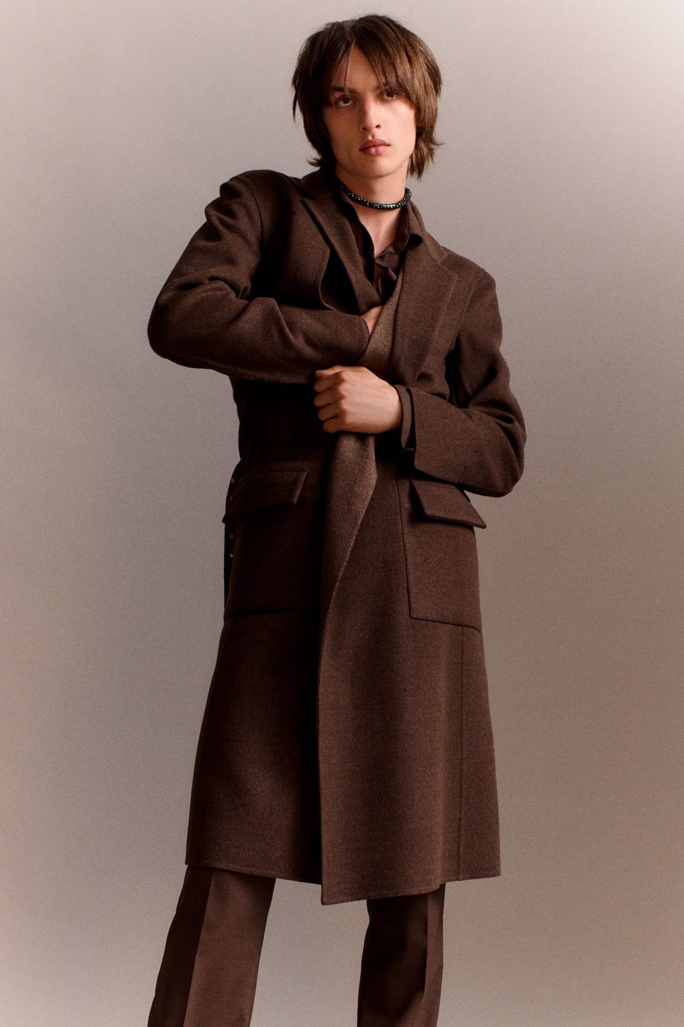 Ludovic de Saint Sernin AW21 – model wearing a brown wool coat