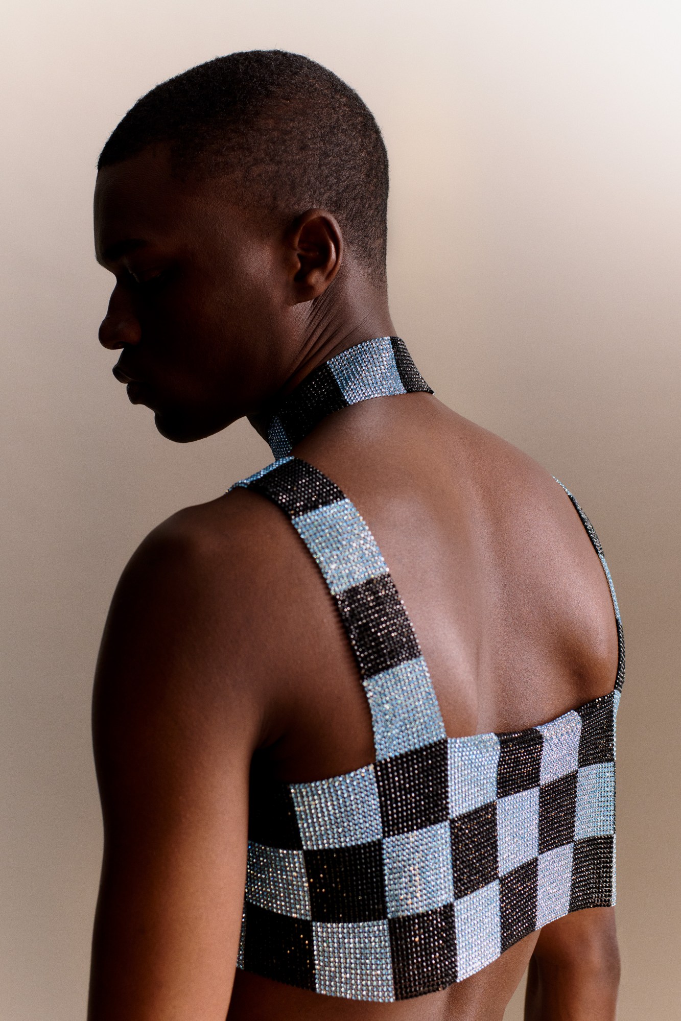 Ludovic de Saint Sernin AW21 – model wearing a crystal checkered crop top