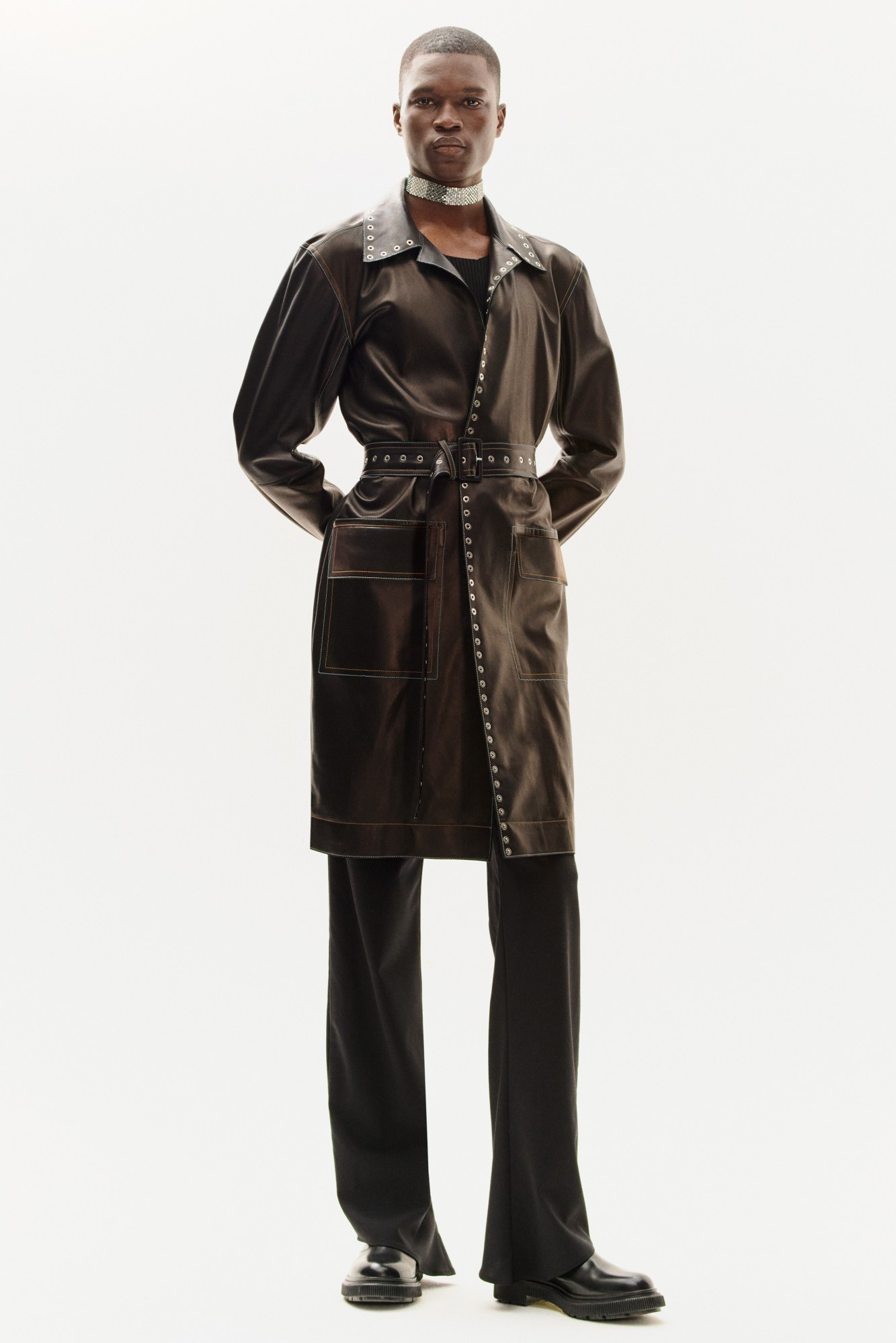 Ludovic de Saint Sernin AW21 – model in black leather trousers and overshirt