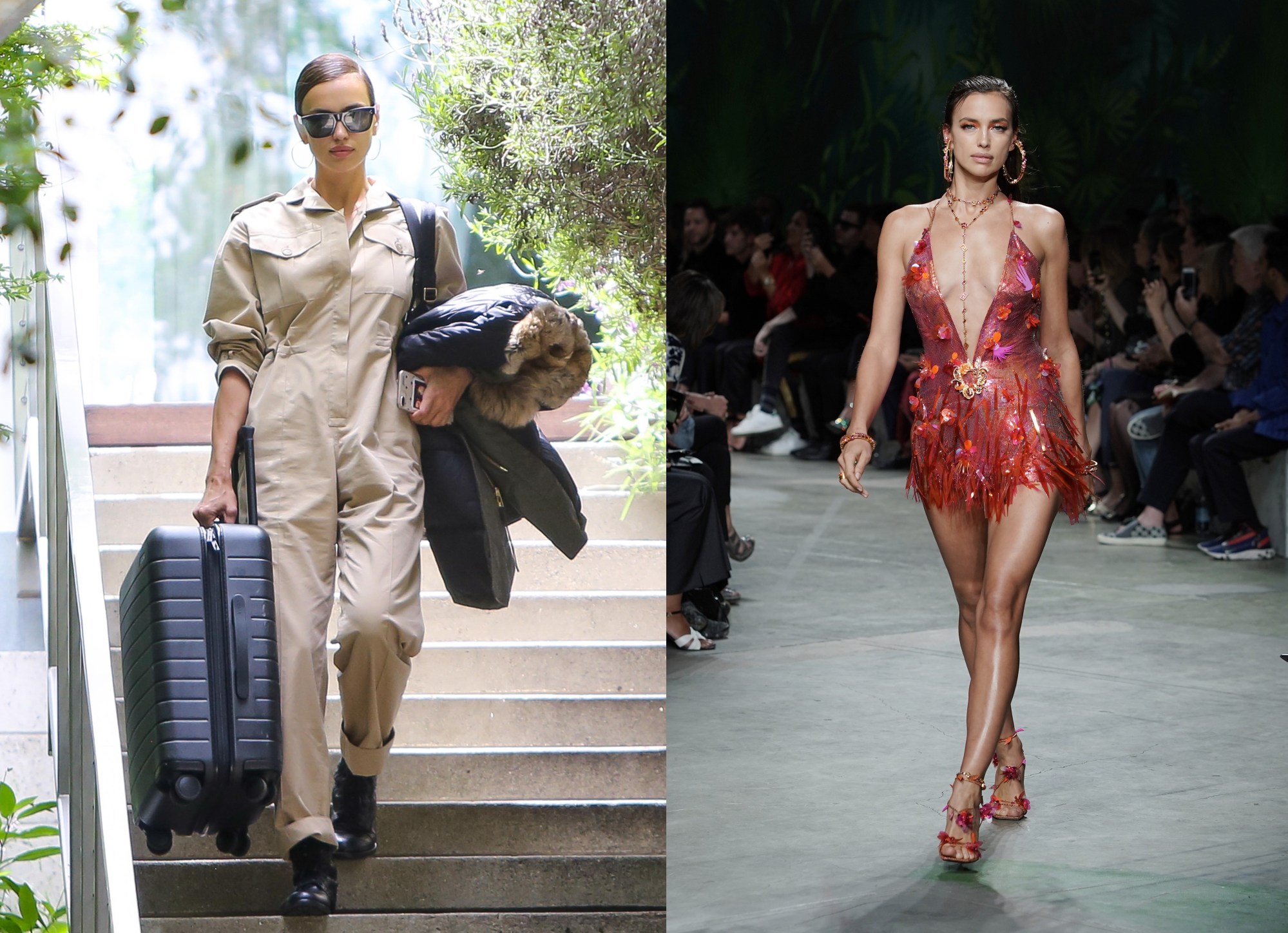 Irina Shayk leaving home, before walking in Versace's SS21 show. Images via Getty Images (BG004/Bauer-Griffin and Vittorio Zunino Celotto )