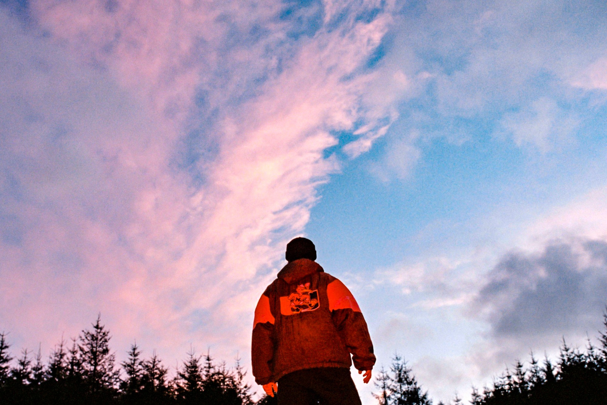 a man in a red jacket looking up at a pink and blue sky