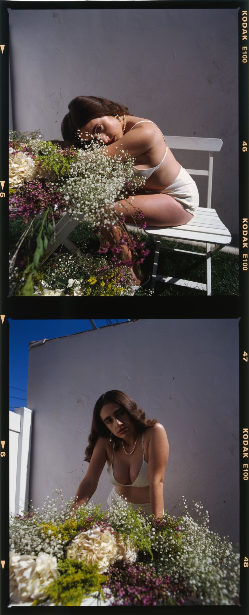 Actor Rachel Sennott with flowers in her underwear