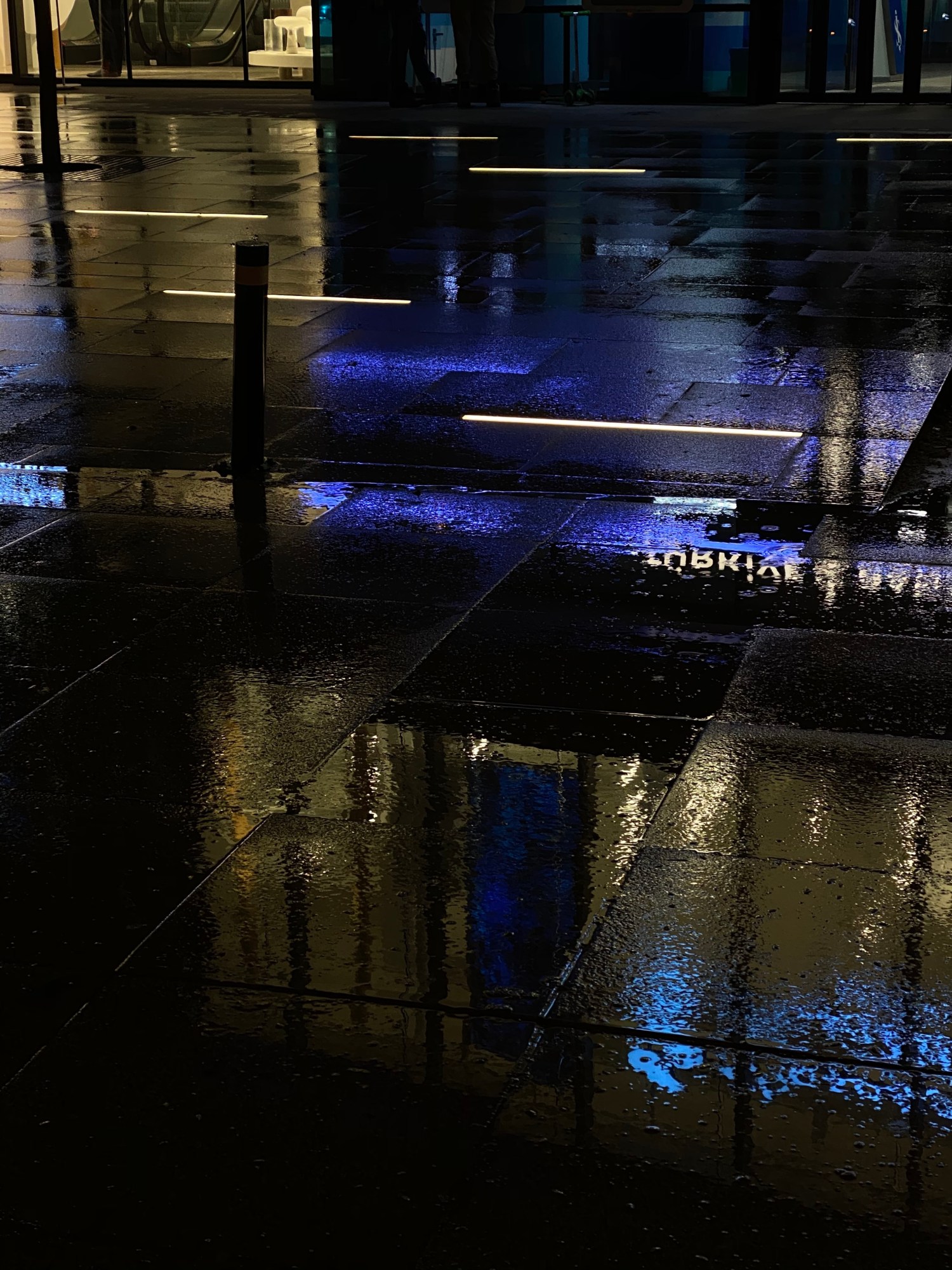 blue lights reflected on the rainy pavement floor