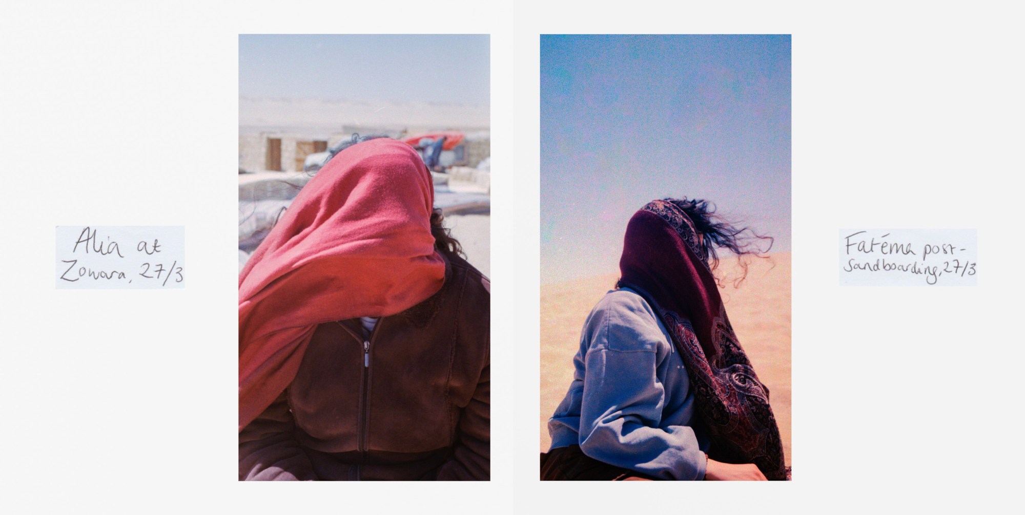 two woman with their heads covered with scarves, blowing in the wind, in the desert