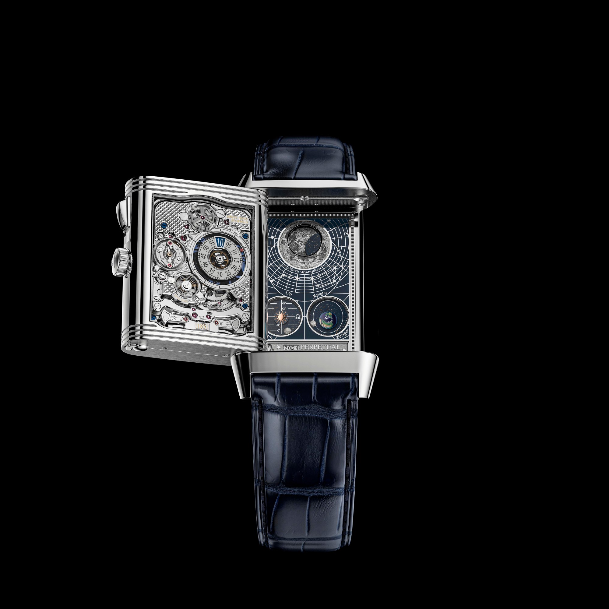 Image of the second-keeping and inner moon phase face of Jaeger-LeCoultre's Reverso Hybris Mechanica Calibre 185 wristwatch