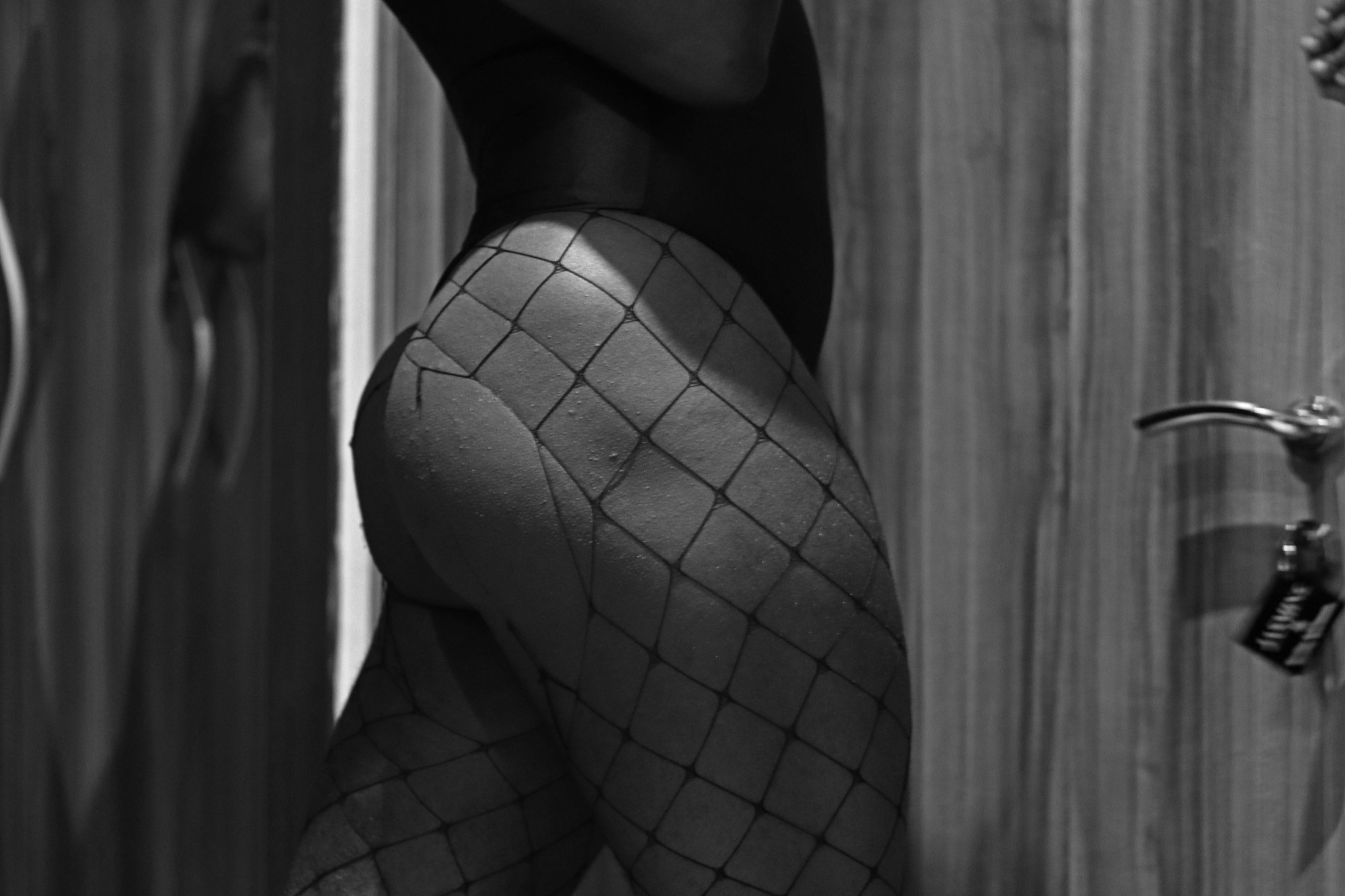 a side view of someone's thigh in fishnet tights and a leotard