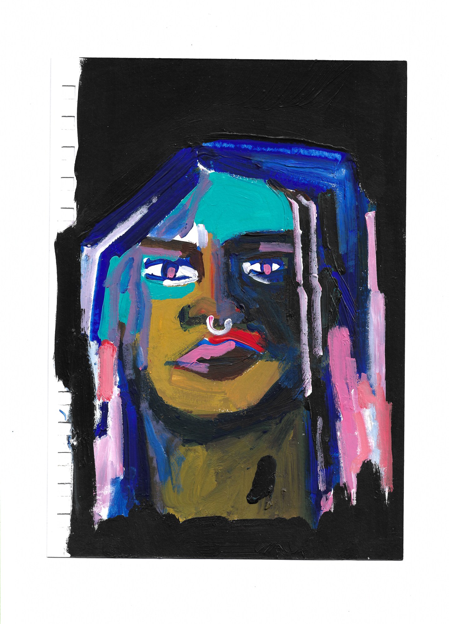 a painting of a face with multicoloured hair and a nose ring