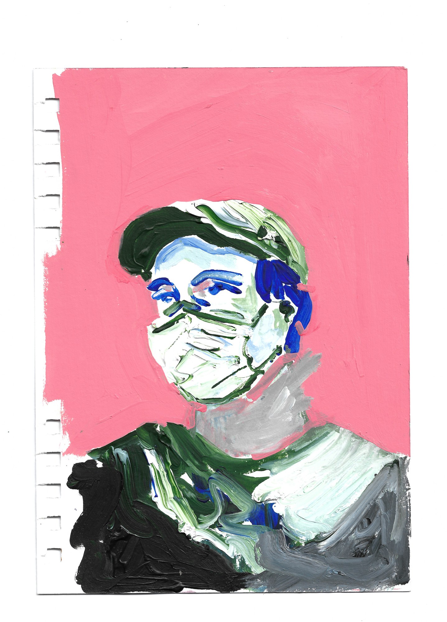 a painting of a man wearing a baseball cap and a face mask