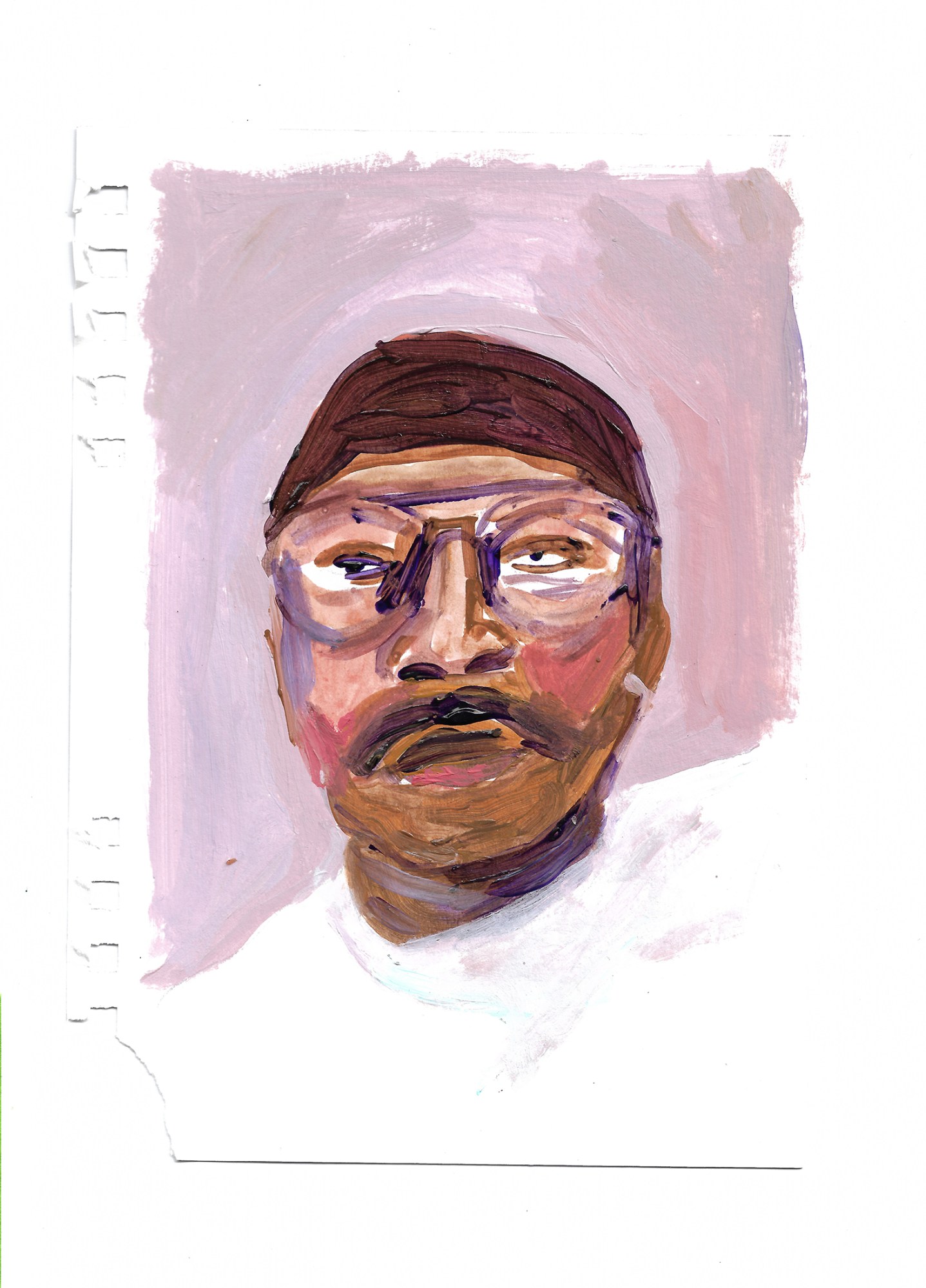 a painting of a man in a white t-shirt wearing glasses and a cap over his head