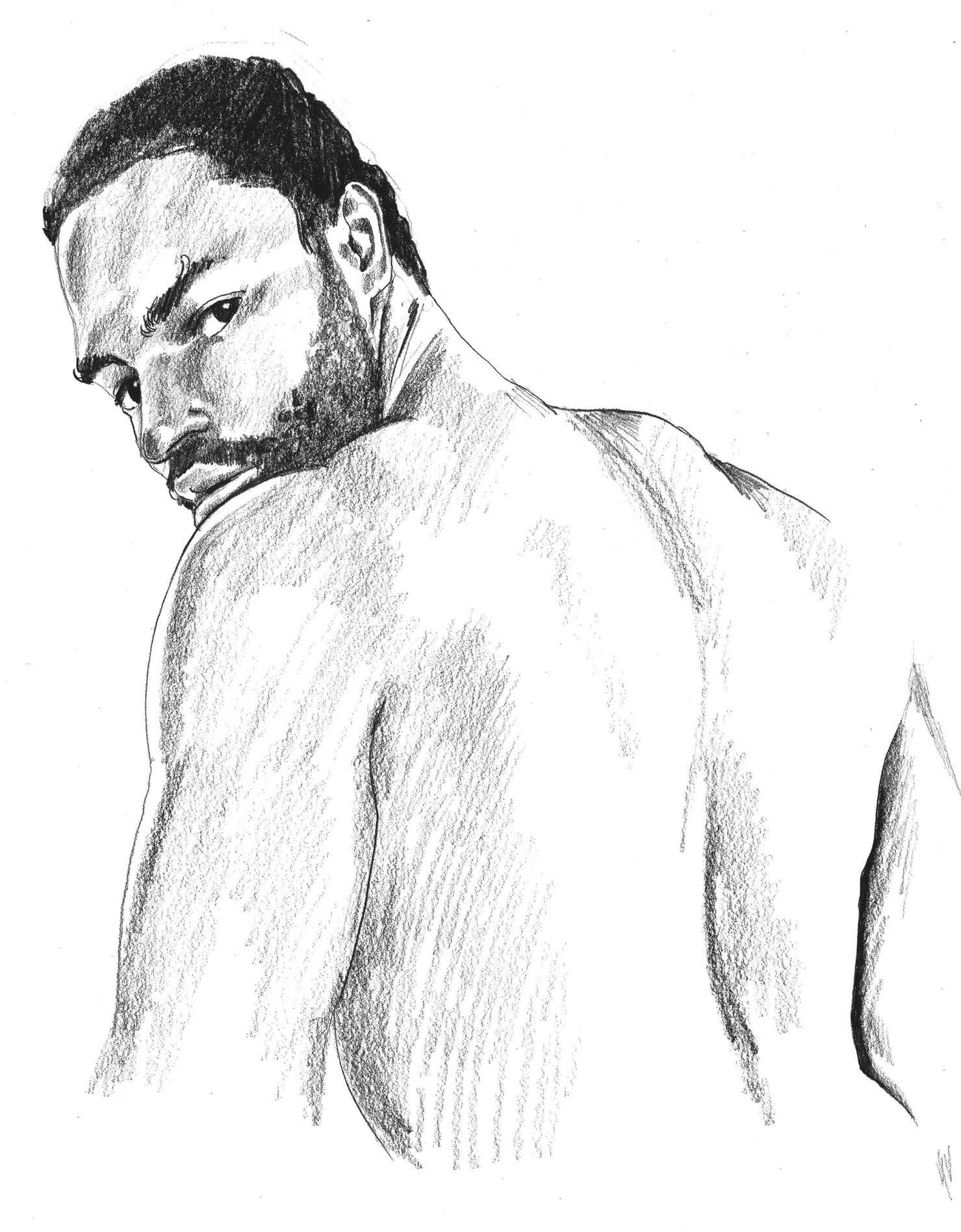 A drawing of a man looking back over his shoulder.