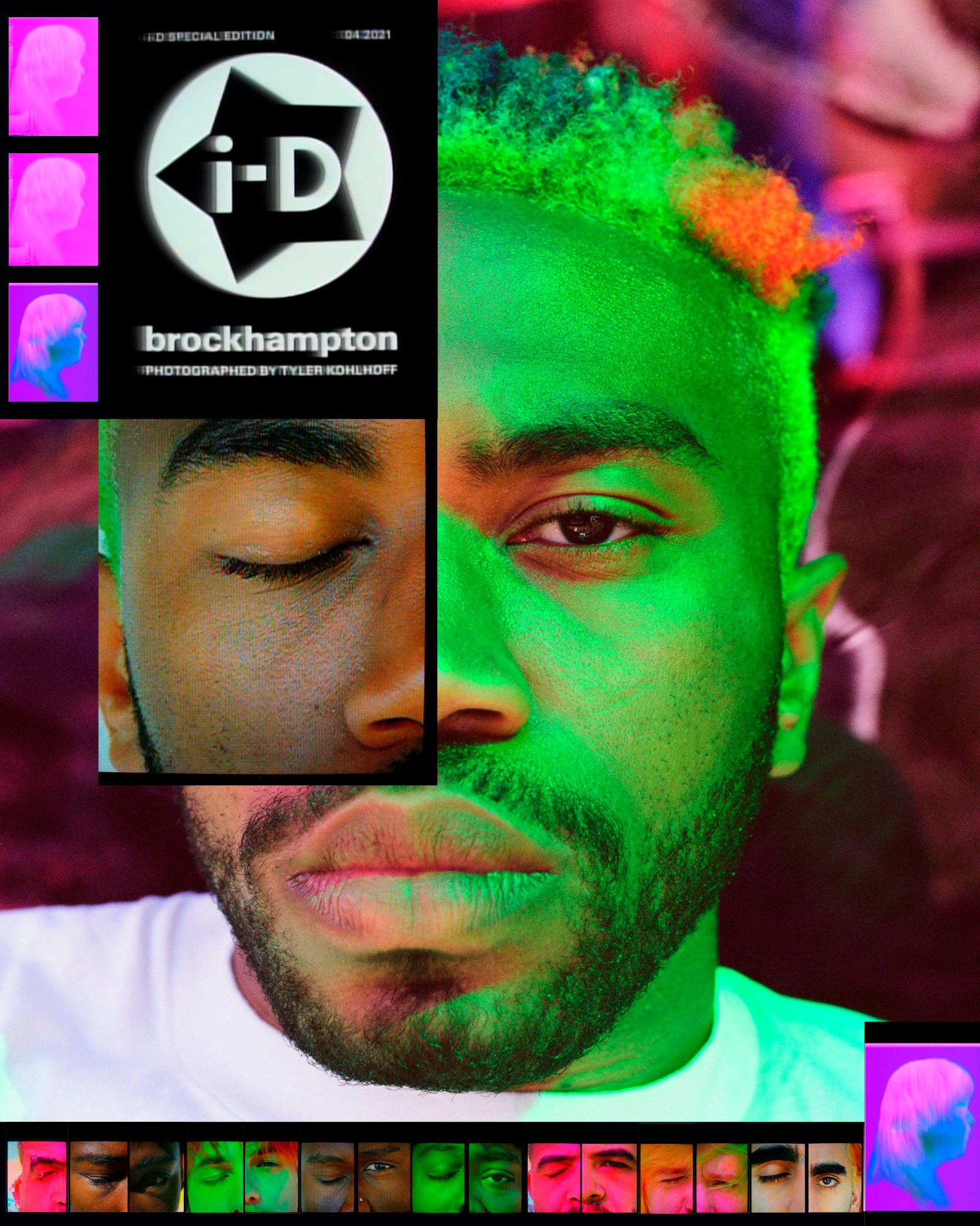 Kevin Abstract's face under green light. An image of his eye, winking, is collaged over his own. This is the cover of Brockhamptonzine with i-D