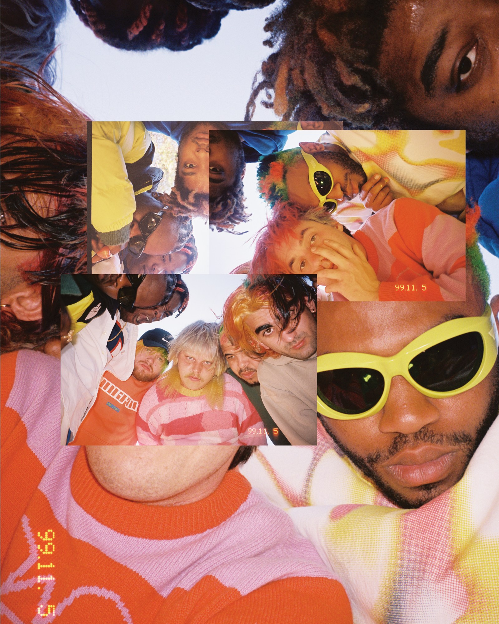 collaged images of Brockhampton members in a circle wearing colourful clothing, looking down into the camera