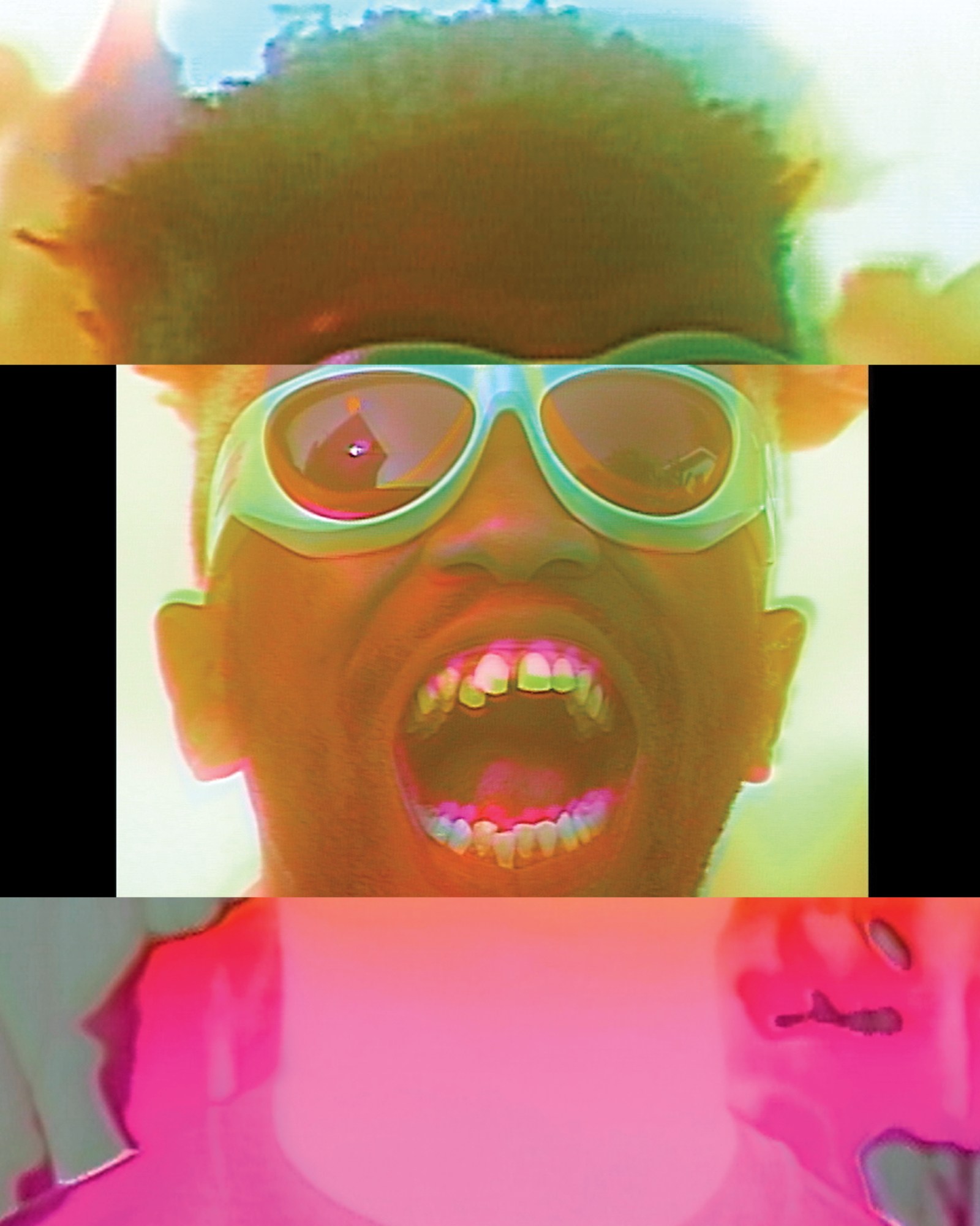 collaged image of Kevin Abstract with buggy sunglasses and his mouth open, with coloured filters over it