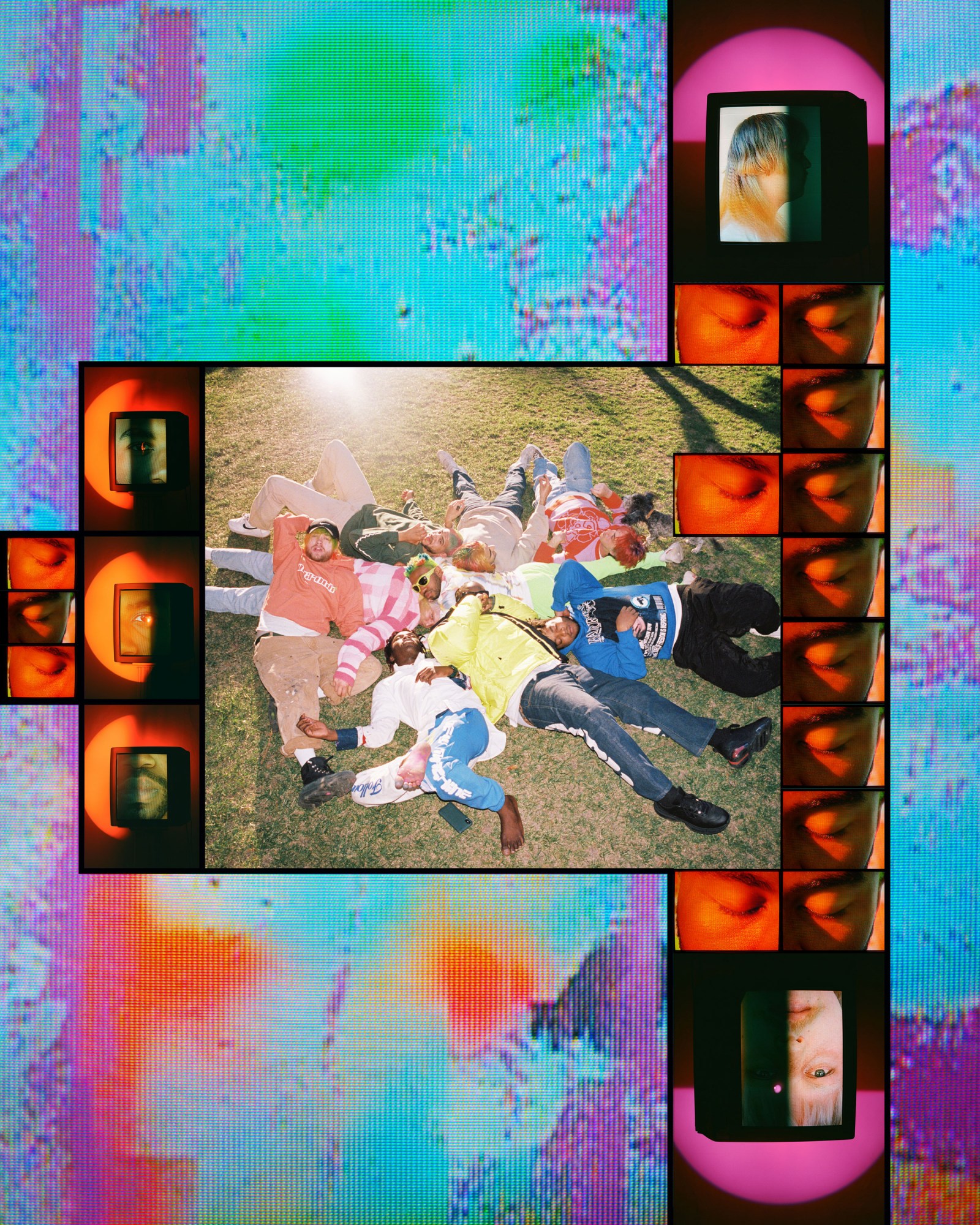 brockhampton members laying in a pile on the grass, collaged over a bright multi-coloured tv static-like background