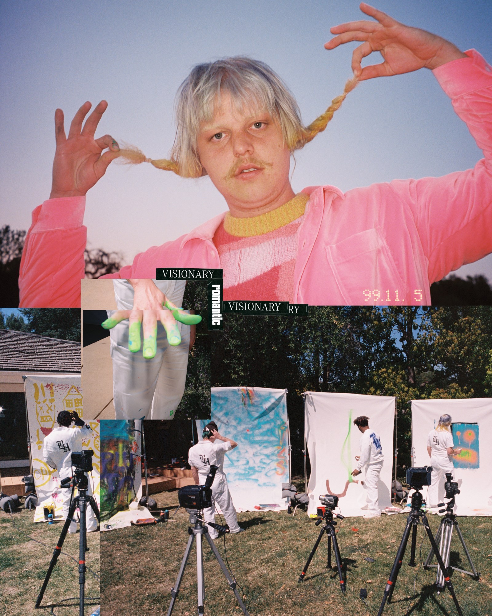 The top of of the image is Joba in a pink jacket, holding his two plaits out to the side against a sky backdrop. The bottom half is the members of Brockhampton painting large colourful canvasses outside