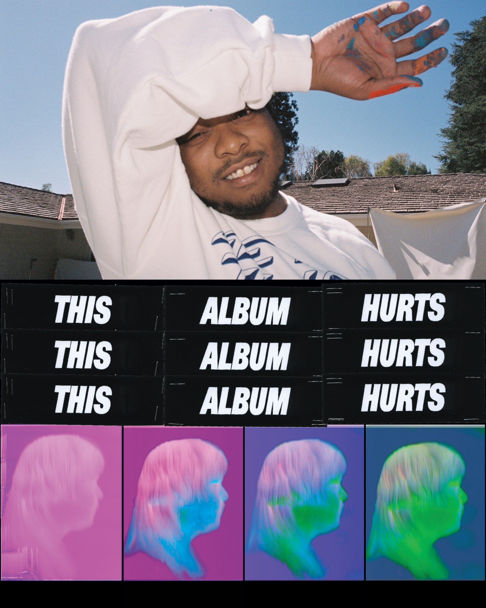 Dom from Brockhampton smiling while holding a paint-covered hand up above his head. Paired with a repeated side profile shot of Joba in a number of colours below the words 'THIS ALBUM HURTS'