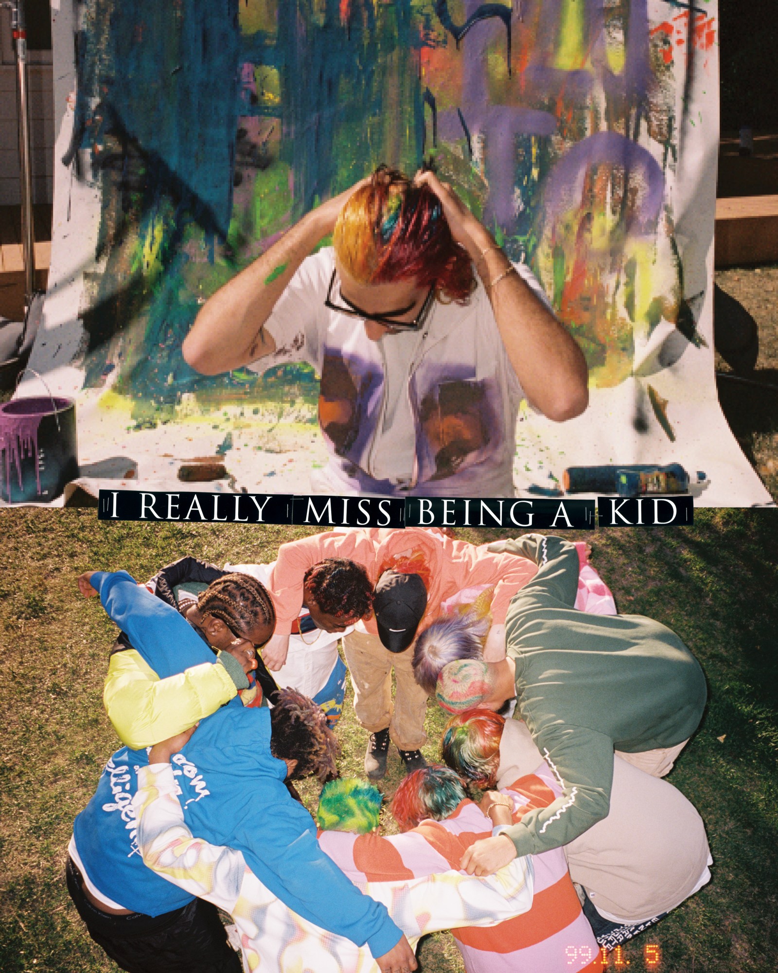 Romil (with colourful hair) standing in front of a colourful canvas, paired with a group shot of the band in a circle, looking down at the ground, taken from above to show their multi-coloured hair