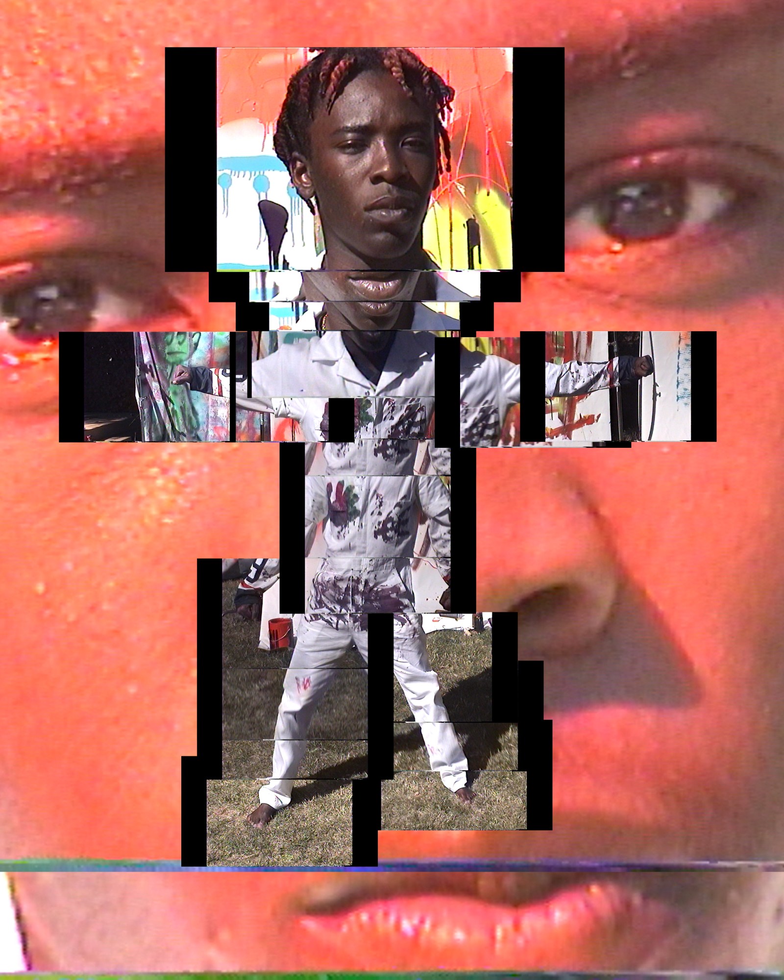 a collaged image of Merlyn with his arms out to the side, wearing a paint-covered white overall