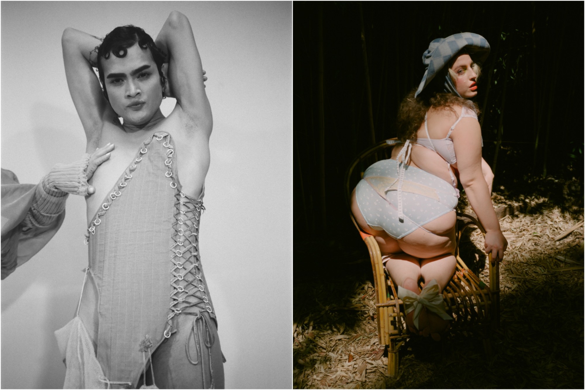 collage of a model in a revealing corset and another sitting backwards on a chair in lingerie by ramp tramp tramp stamp