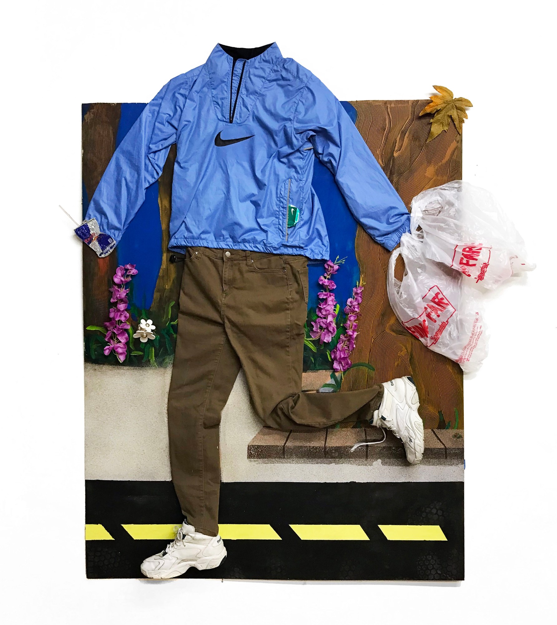 an artwork of a pair of trousers, a jacket and trainers assembled to look like a person running holding shopping bags