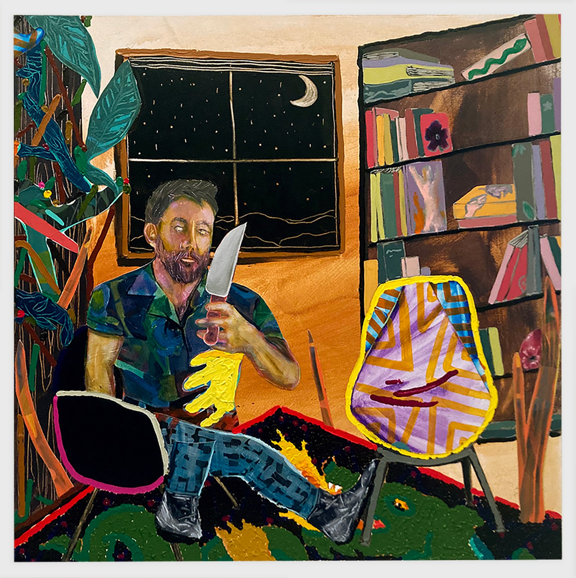 a painting of a man sat in a chair in a living room holding up a knife, the moon and stars can be seen through the window