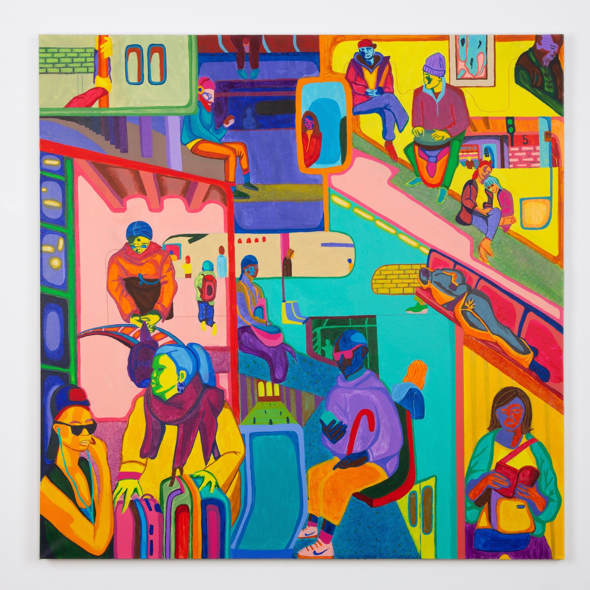 a brightly coloured painting that features different scenes of people boarding and travelling on trains