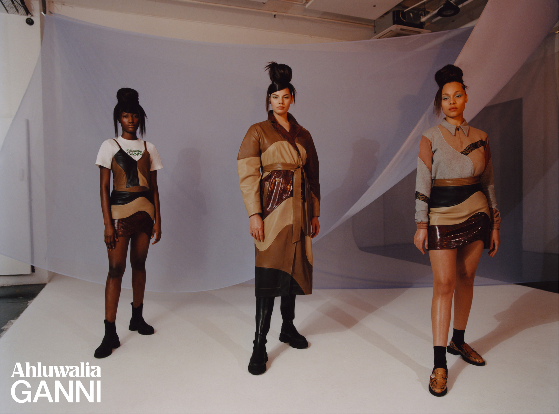 Three models wearing panelled leather looksfrom the Ahluwalia x Ganni collaboration collection