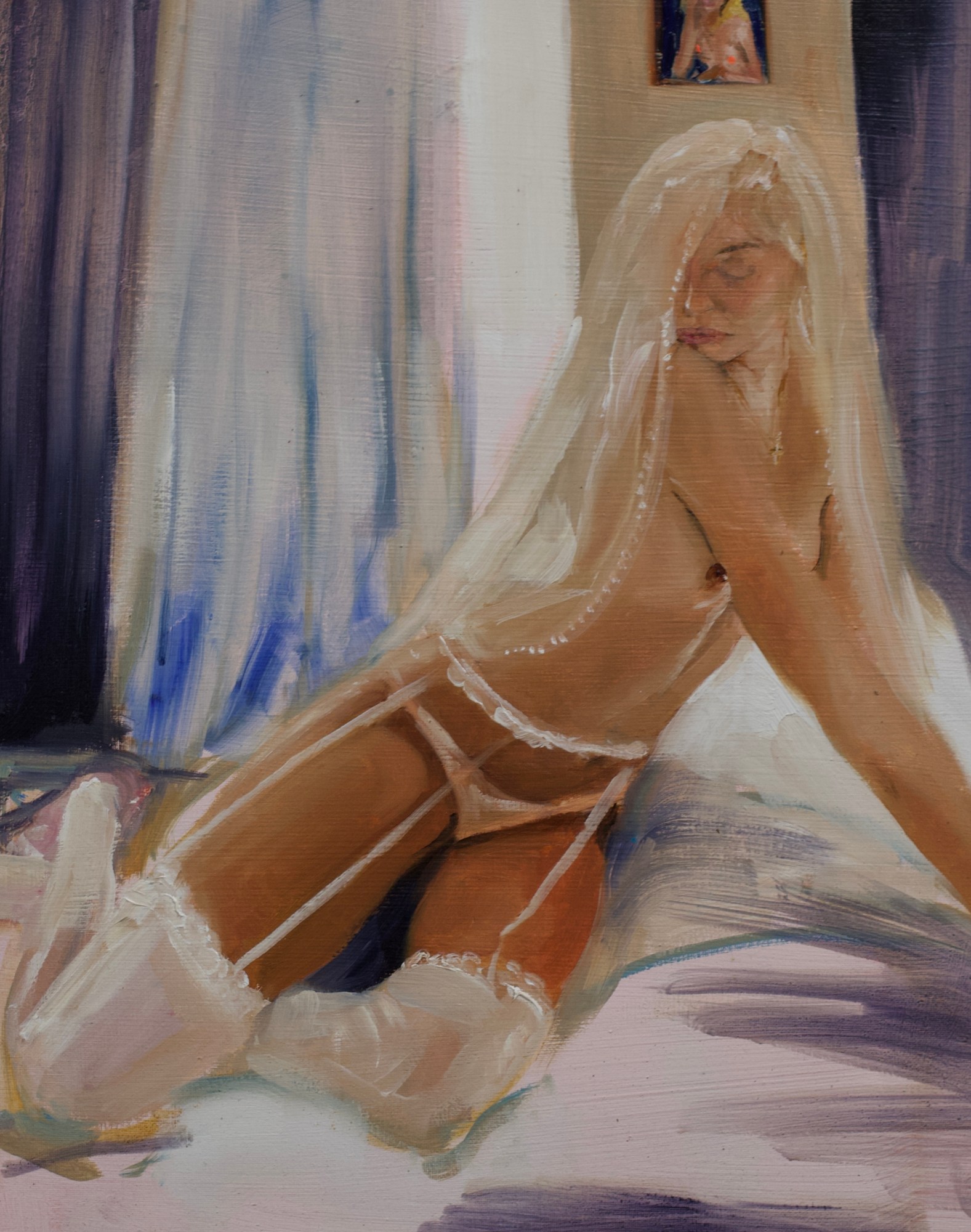 a nude woman wearing stockings with long blonde hair