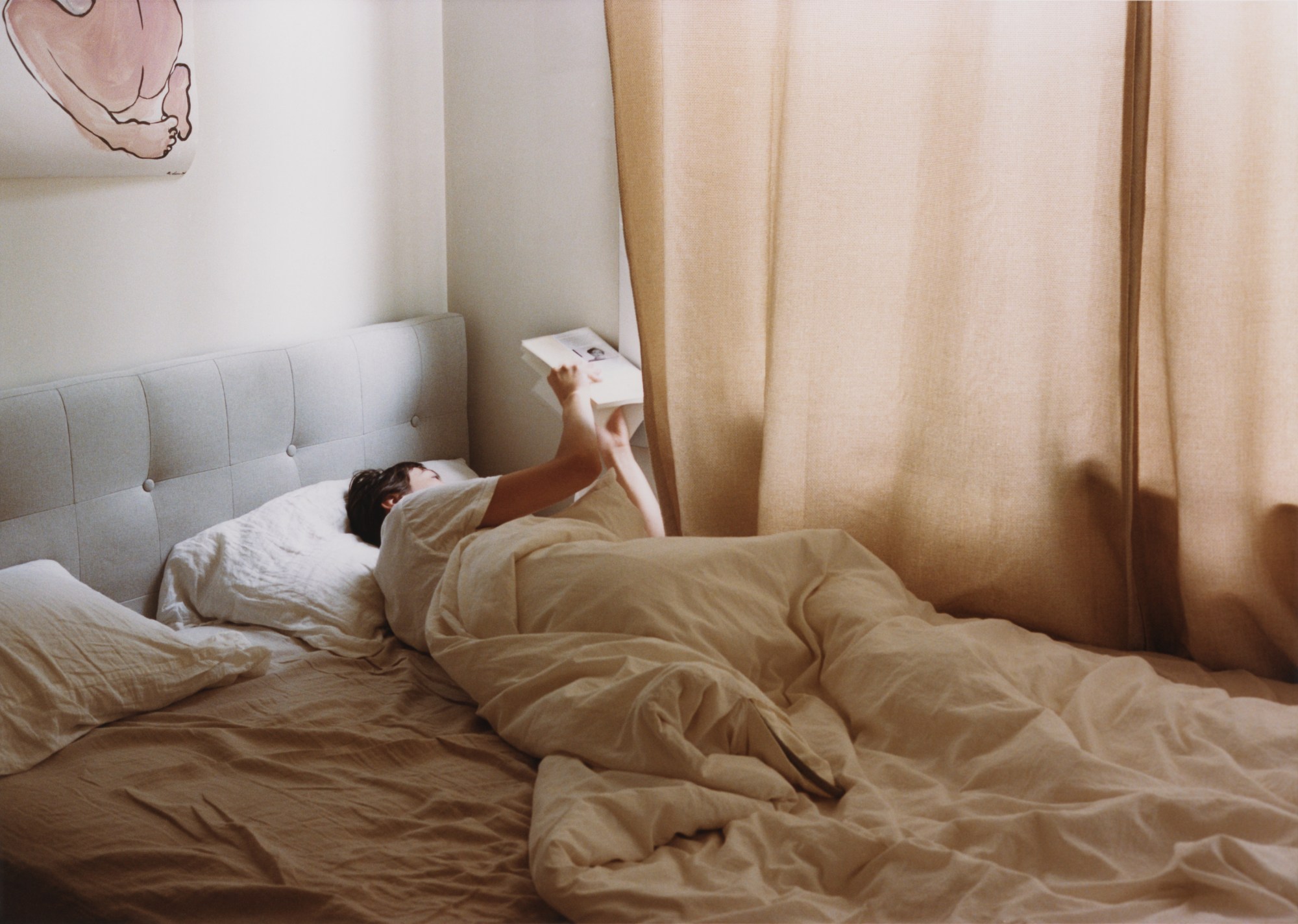 a woman lying in bed reads a book held up to the window to get light on it