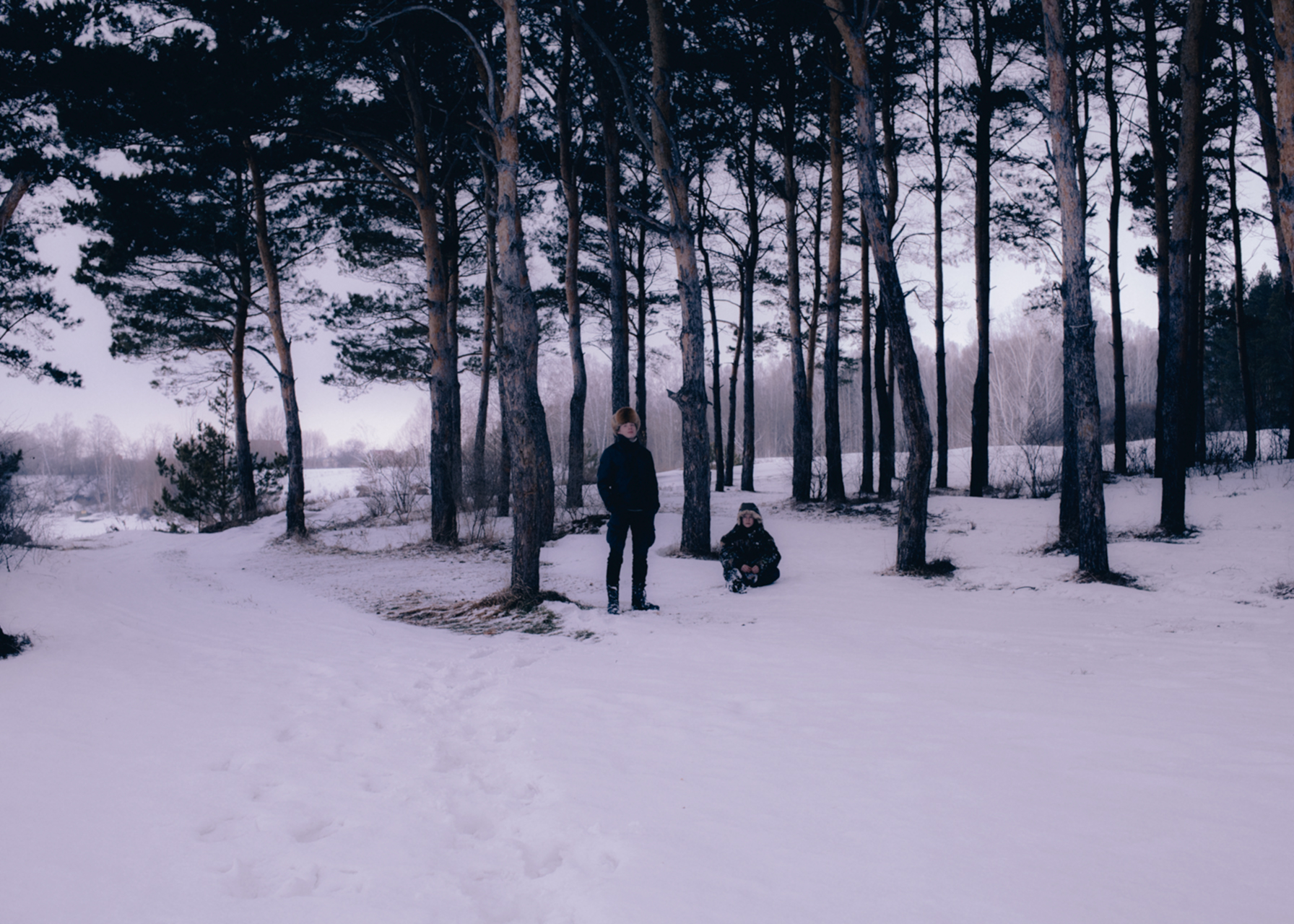 two men stand in the distance in a siberian woods