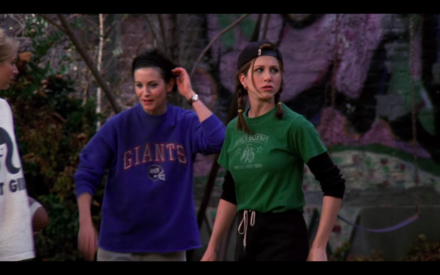 Jennifer Aniston as Rachel Green in Friends wearing her football tournament outfit