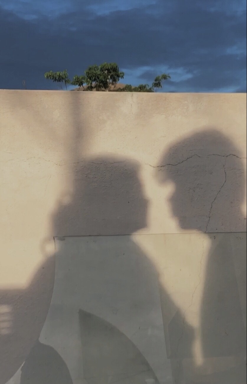 the shadows against a wall of a couple talking intimately.