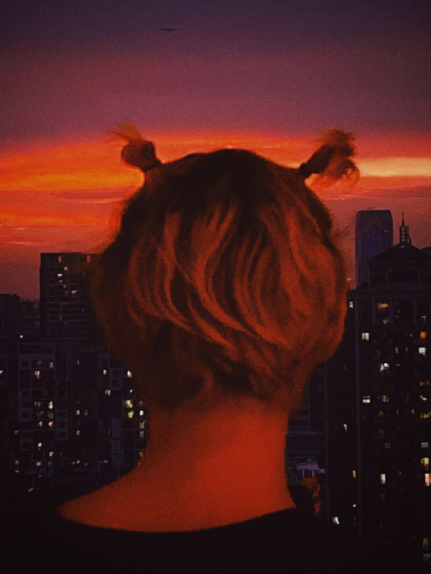 the back of a girls head as she stares at the city skyline at sunset.