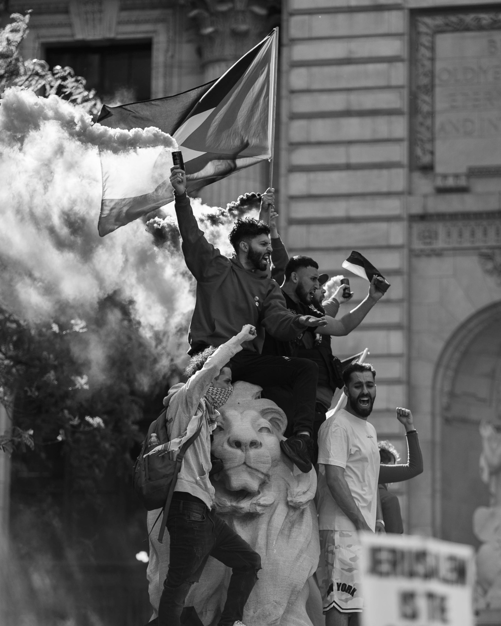 protestors for palestine in new york stood on top of a sculpture of a lion