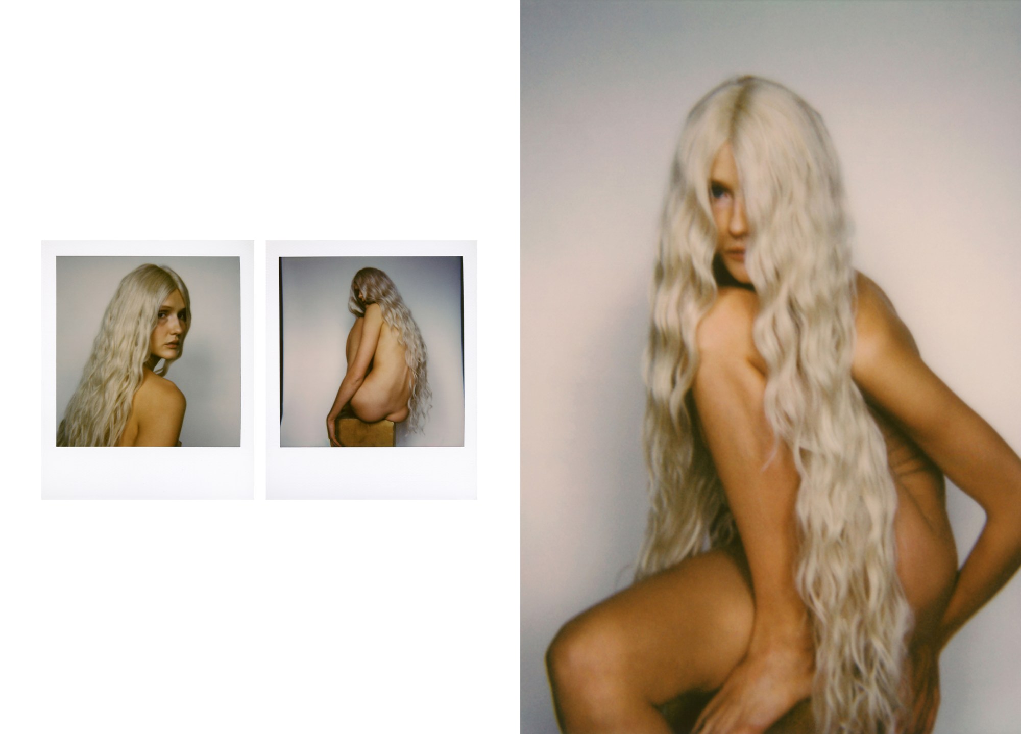 Spread of three colour images where a model with long platinum hair poses on stool