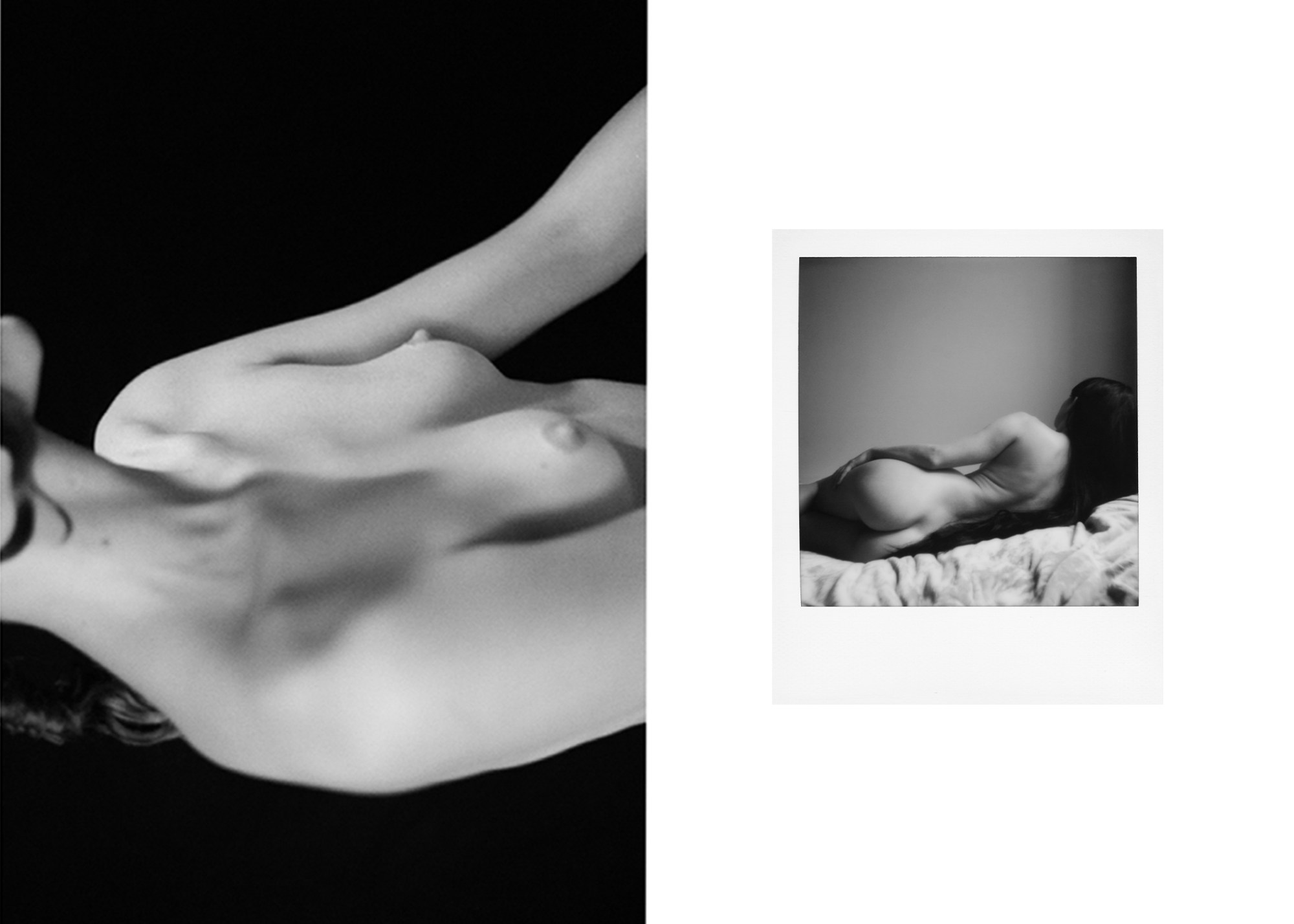 Spread of two black and white images of a nude model reclining on a bed