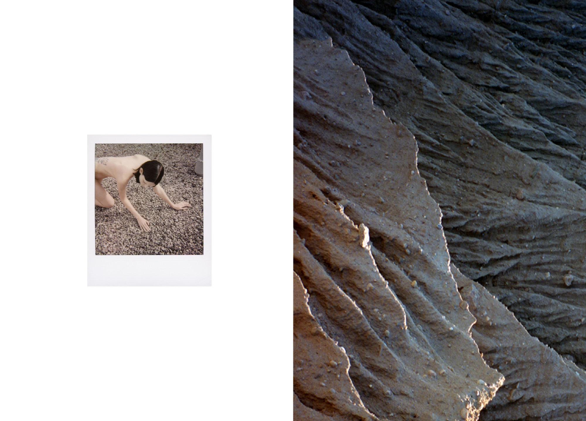 Colour images of a nude model on a rock beach and sunlit cliffs